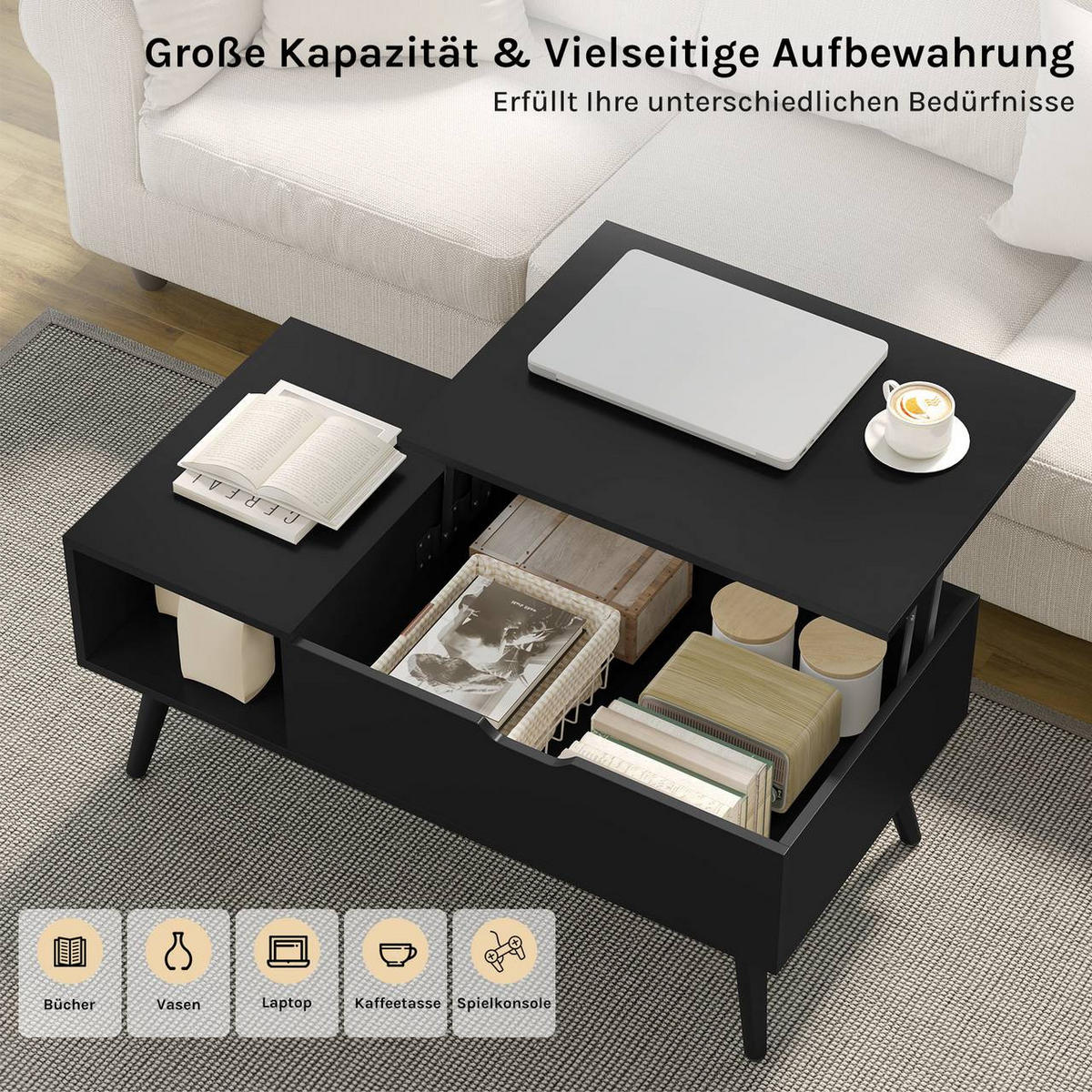 COUCHTISCH höhenverstellbar(47-53 cm), mit Stauraum, Schwarz - Schwarz, Holzwerkstoff/Metall (50/100/43cm) - Woltu