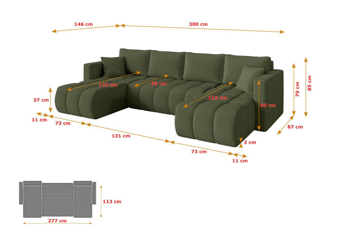 SEDACÍ SOUPRAVA DO U s funkcí spaní a úložným prostorem GARD-U 300x146x85 zelená bouclé - černá/zelená barva, kompozitní dřevo/textil (300/85/146cm) - ALTDECOR
