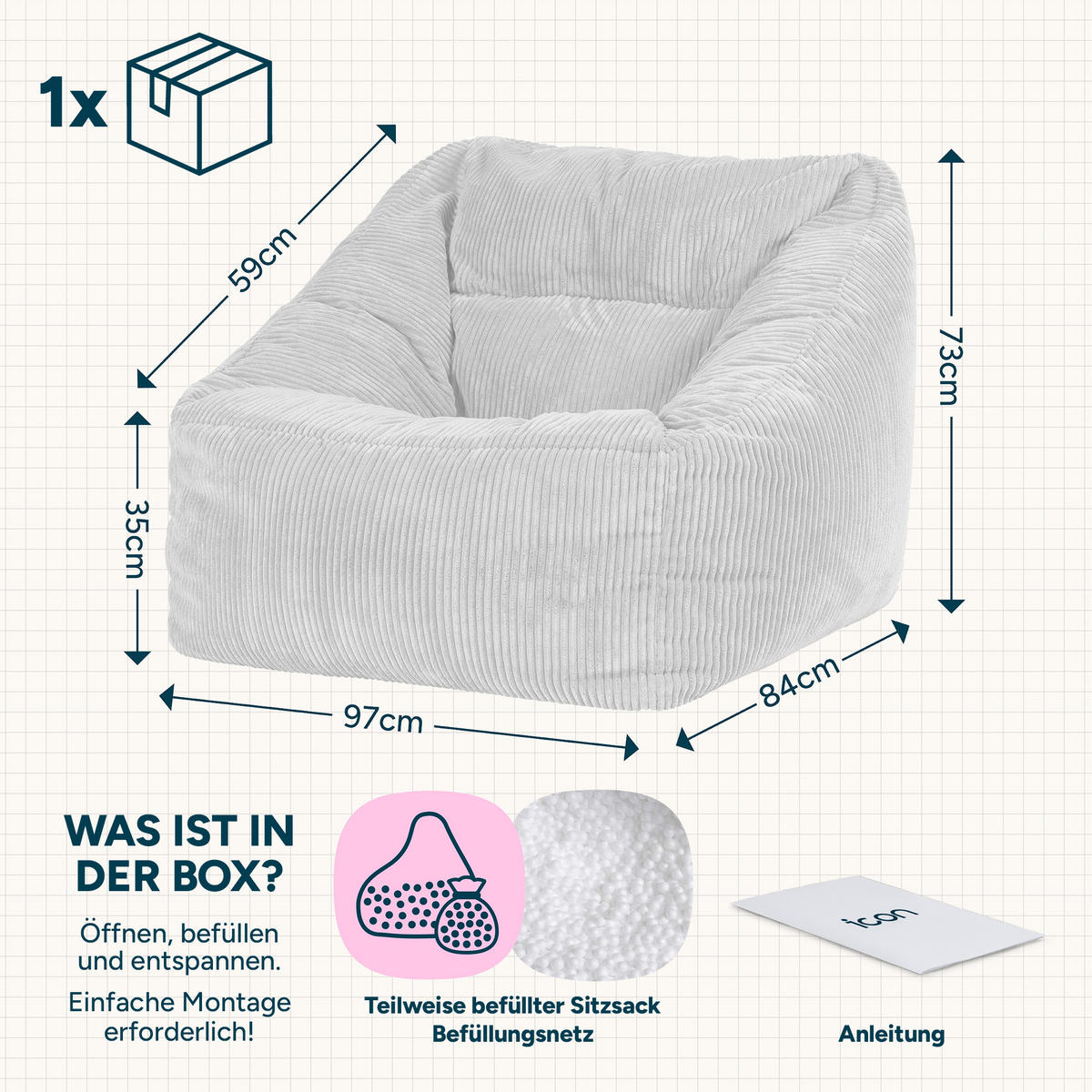 SITZSACK Cord Sessel Natalia - Hellgrau/Grau, Textil (97/73/84cm) - icon