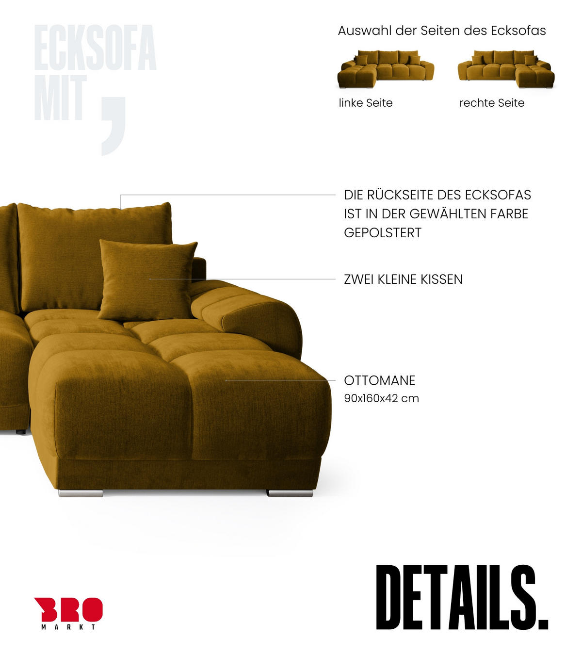 ECKSOFA Nubes mit Schlaffunktion Gelb Plüsch - Gelb/Silberfarben, Kunststoff/Textil (290/180cm) - Bromarkt