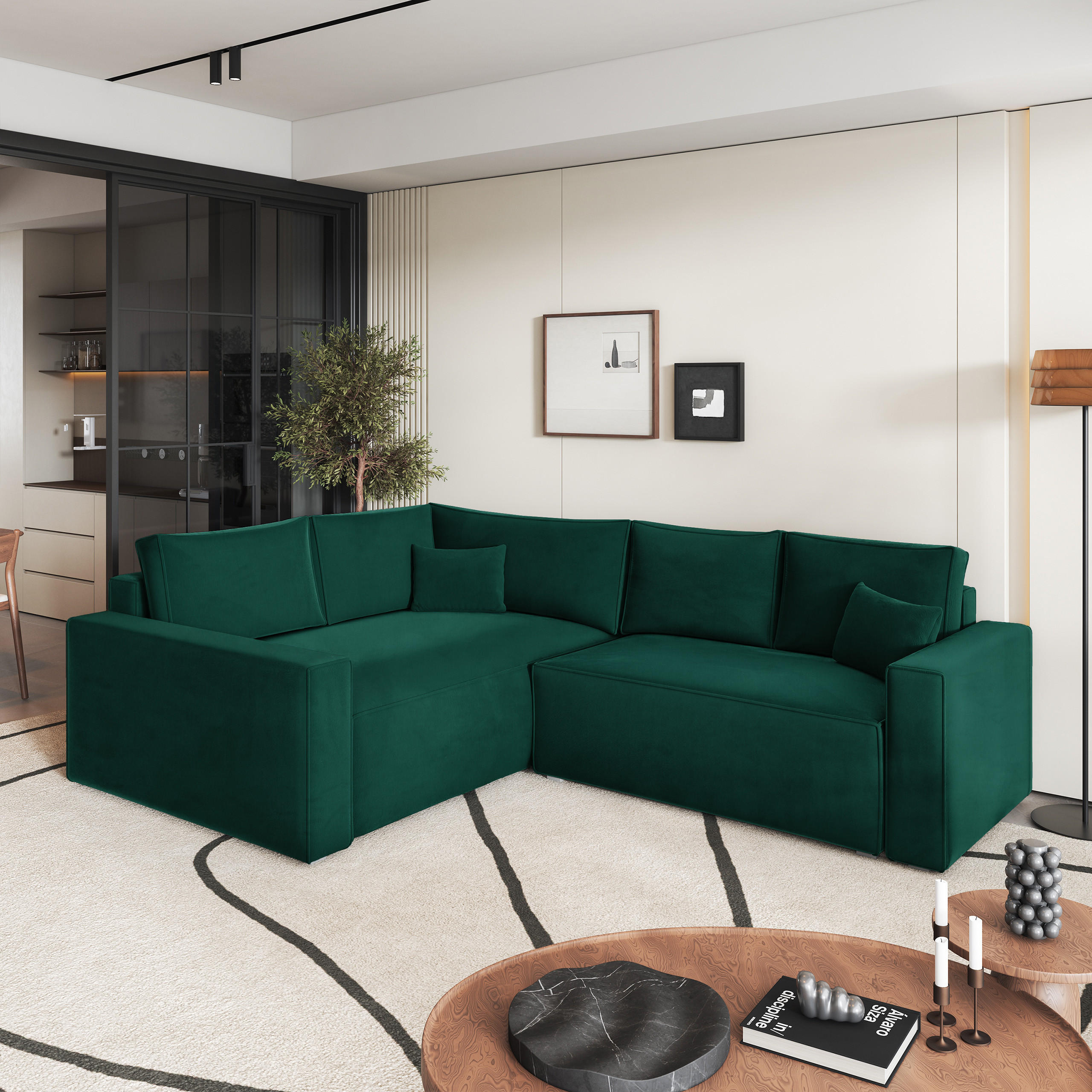 ECKSOFA ERONIS L-S Grün Velours-Stoff mit Schlaffunktion - Grün, Holz (265/194cm) - MASSENO