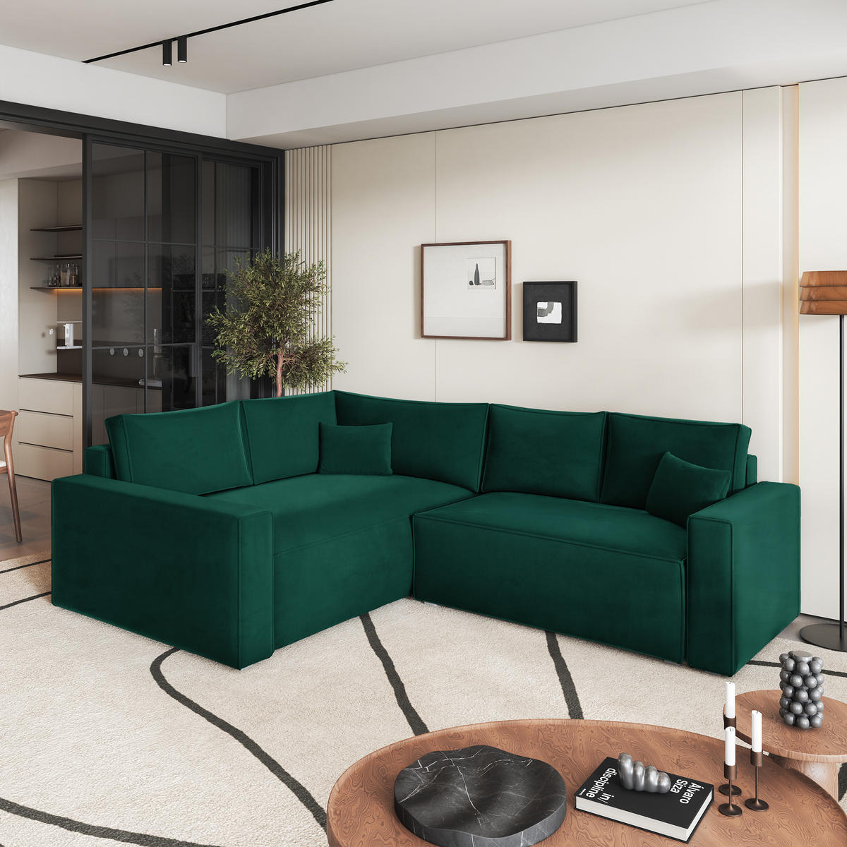 ECKSOFA ERONIS L-S Grün Velours-Stoff mit Schlaffunktion - Grün, Holz (265/194cm) - MASSENO
