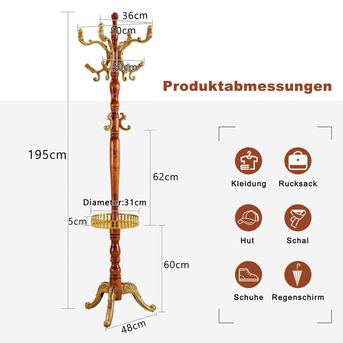 GARDEROBENSTÄNDER massivholz in holz- & gold-optik mit regenschirmhalter und mehrstöckigen haken - Eichefarben, Holz (50/195/50cm) - Urban Meuble