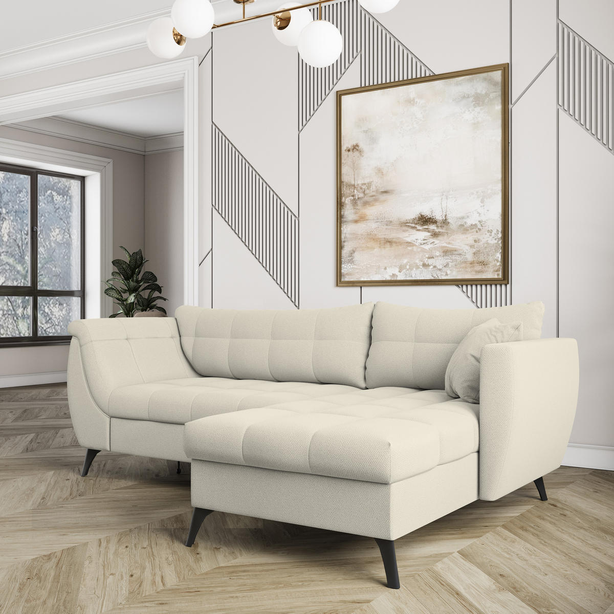 ECKSOFA MOLLIS Creme Geflochtener-Stoff mit Schlaffunktion - Creme, Holz (241/154cm) - MASSENO