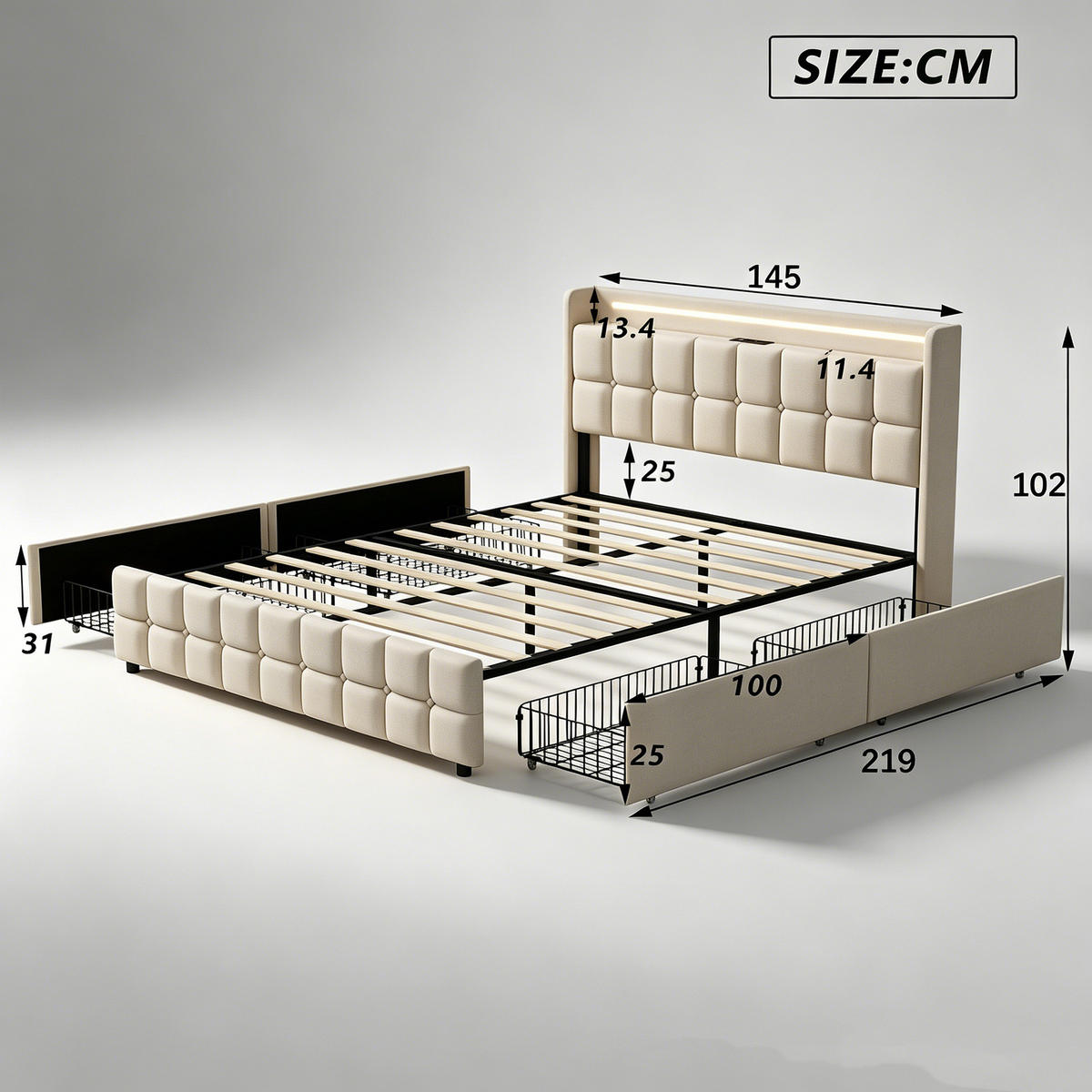 DOPPELBETT 140x200 mit stauraum, bettgestell mit LED, USB, 4 Schublade, Kopfteil, Lattenrost, Leinenstoff, beige - Beige, Textil/Metall (140/200cm) - GENKI LIVING