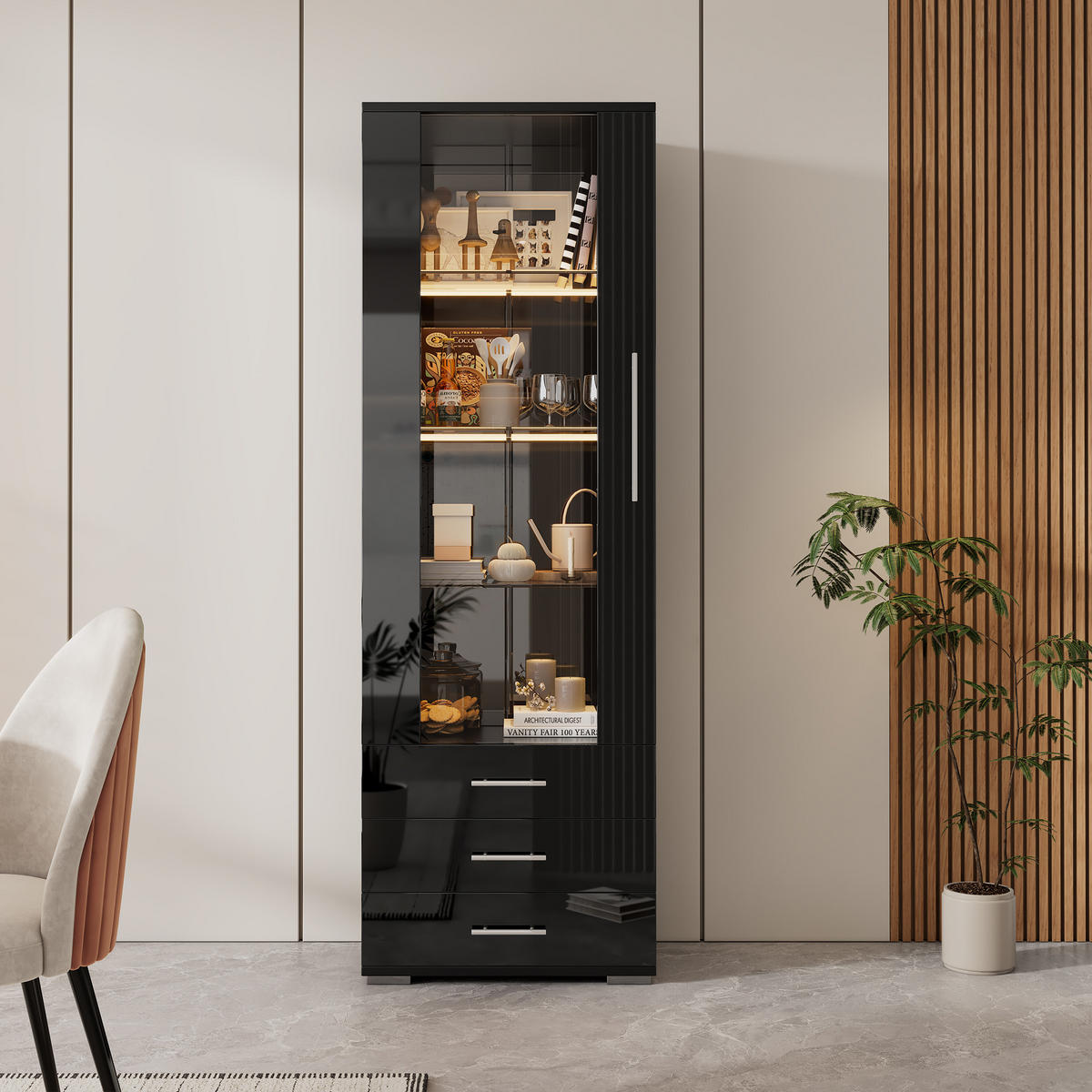 VITRINE, LED, 3 Schubladen, Hochglanz, Schwarz, 60x35x180cm - Schwarz, Holzwerkstoff (35/180/60cm) - FLIEKS