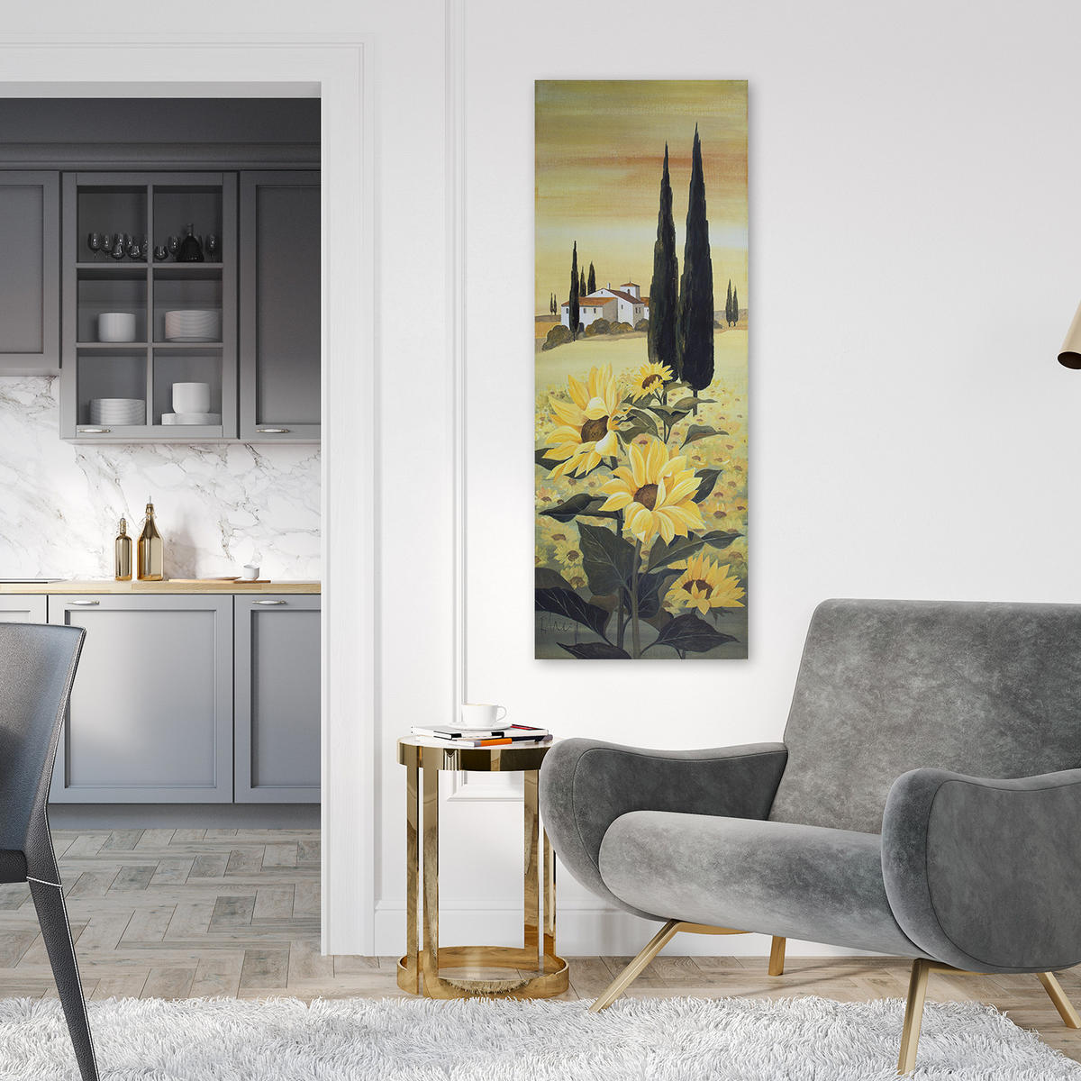 WANDBILD sonnenblumen auf einem haushintergrund - Gelb, Textil (30/90cm) - Feeby