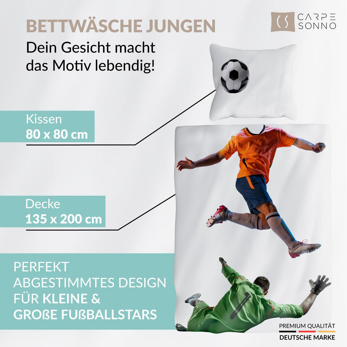 KINDERBETTWÄSCHE 135x200 Fussball aus 100% Baumwolle - Dein Gesicht vervollständigt das Design der Kinder Bettwäsche - Weiß, Textil (135/200cm) - Carpe Sonno