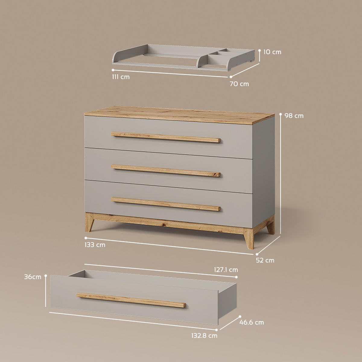 WICKELKOMMODE Mailo Cashmere/Artisan XL mit 3 Schubladen - Kaschmir/Eiche Artisan, Holzwerkstoff (133/98/70cm) - Livinity®