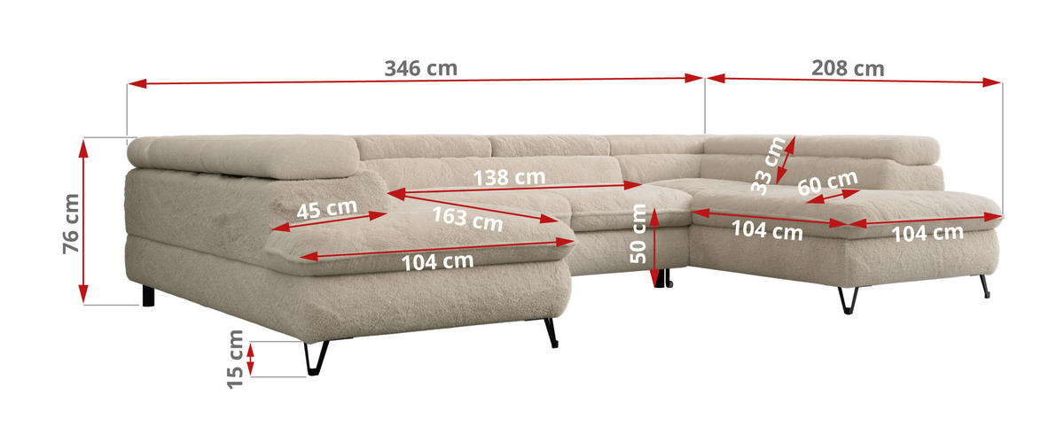 WOHNLANDSCHAFT PETER U Plüsch Ecru - Ecru/Schwarz, Textil/Metall (346/76/208cm) - MKS