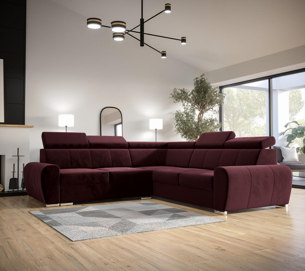 ECKSOFA APOLLO KN09, Eckcouch in L-Form mit Schlaffunktion, Farbe: Rot, Velourstoff, Ottomane Rechts - Braun, Textil (255/255cm) - O-Sofa