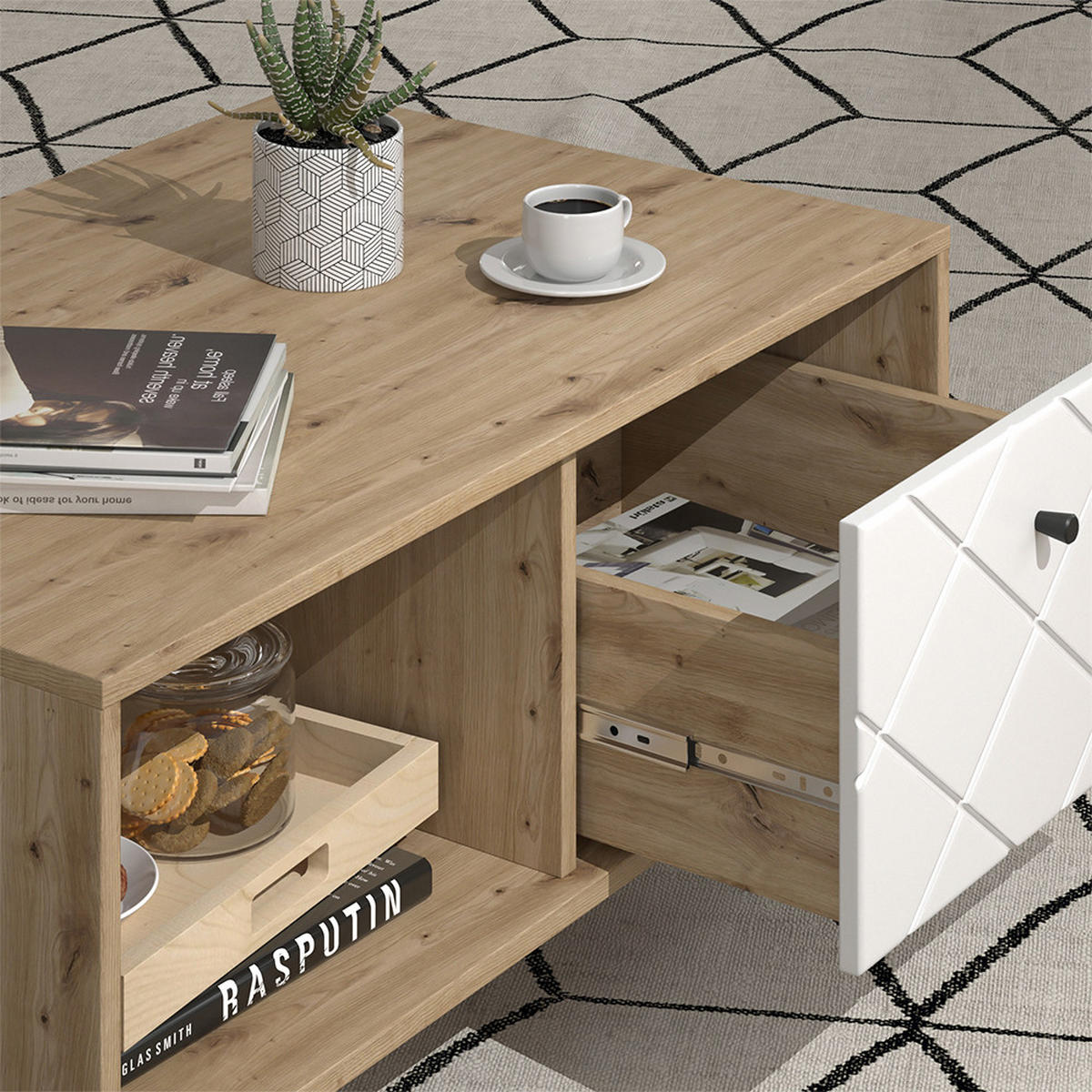 COUCHTISCH Nizza Artisan/Weiß 90.2 x 59.4 cm mit offenem Fach & Schublade - Eiche Artisan/Weiß, Holzwerkstoff (59.4/90.2/42.4cm) - Vicco