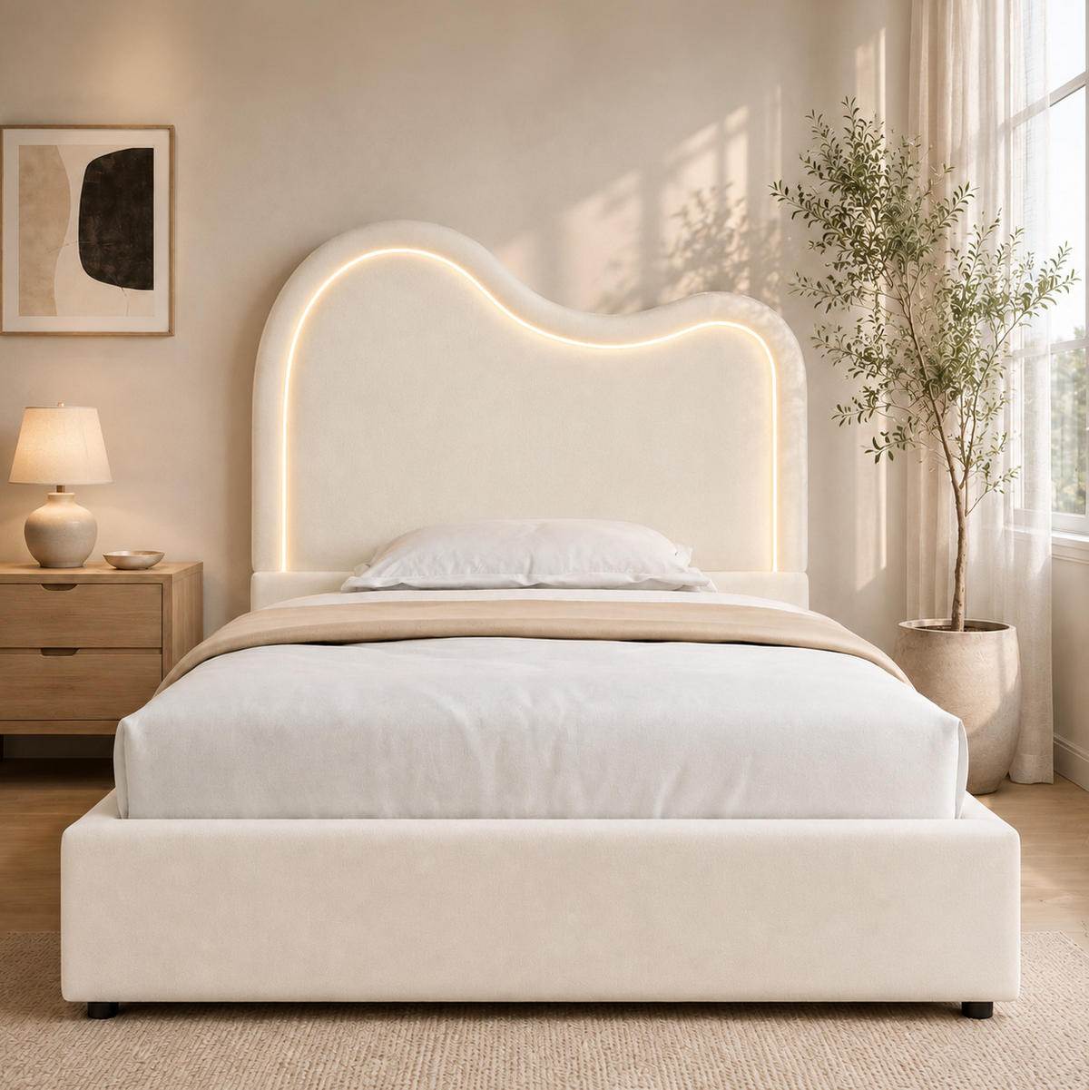 KINDER-POLSTERBETT aus Samt 90x200 cm Beige mit Bettkasten, LED-Beleuchtung und Lattenrost - Beige, Textil (90/200cm) - Modfu