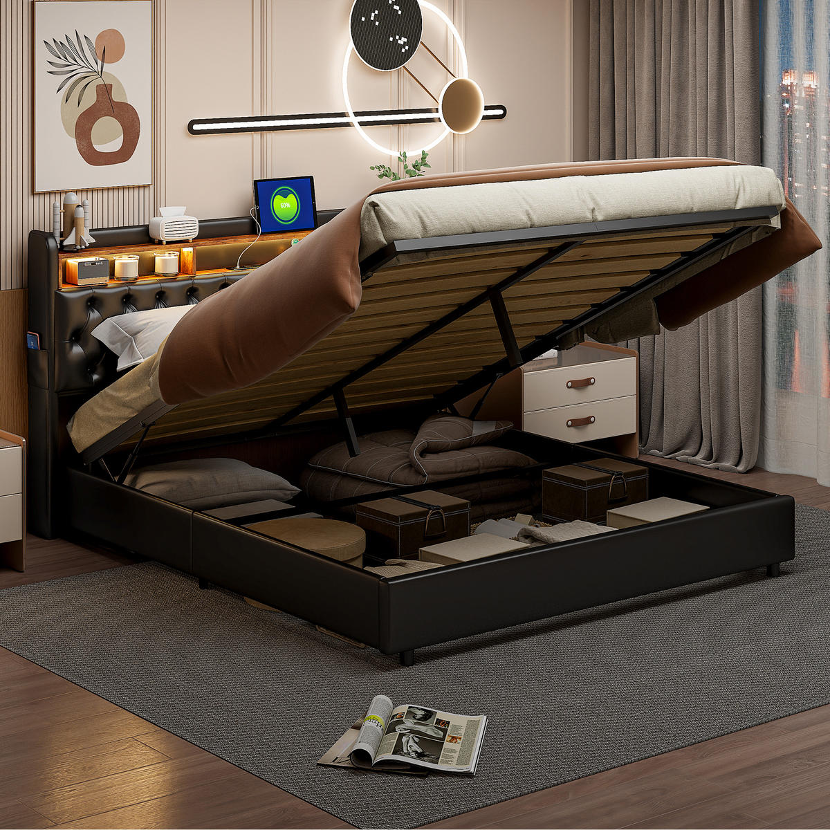 POLSTERBETT 180x200 cm, Großer Bett-Stauraum, LED-Leuchten & USB-Typ-C-Anschlüsse, PU-Leder in Schwarz - Schwarz, Holz (180/200cm) - BRILVERDE