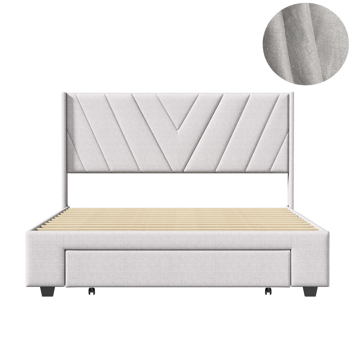 POLSTERBETT Geometrisch 140/200 cm mit 3 Schubladen Leinenoptik Beige - Beige, Textil (140/200cm) - Creahappy