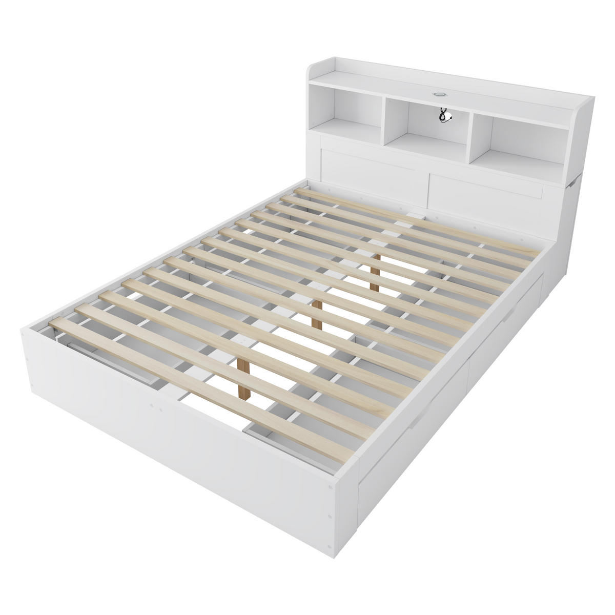 STAURRAUMBETT 140/200 cm DE-03099, mit 4 Schubladen, 2 Nachttischen und kabellosem Laden, in Weiß - Weiß, Holzwerkstoff (140/200cm) - ComfortXL