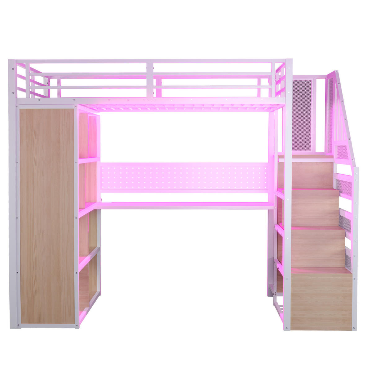 VYSOKÁ posteľ 90/200 cm biela z kovu a dreva s písacím stolom LED osvetlením a úložným priestorom - biela, kov (90/200cm) - OKWISH