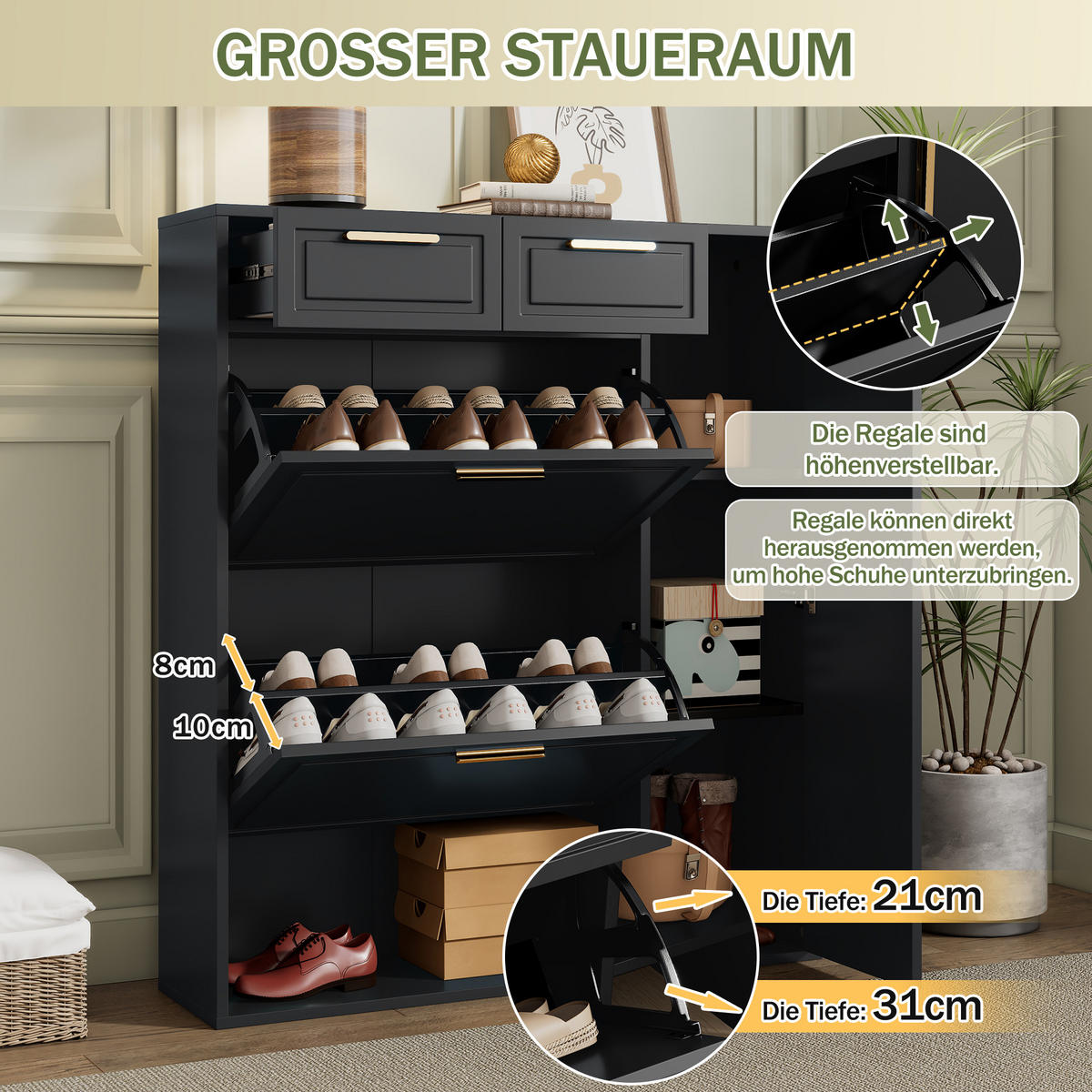 SCHUHSCHRANK in Schwarz Schuhkommode mit verstellbaren Regalen goldenen Griffen Schubladen Klapptüren , B95/T24/H107cm - Schwarz, Holzwerkstoff (95/107/24cm) - STILVORA