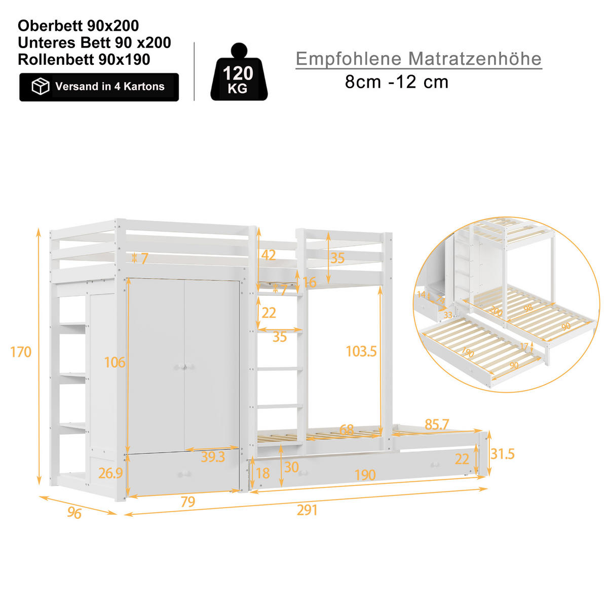 ETAGENBETT 90/200 cm in Weiß mit Ausziehbett, Kleiderschrank, Schubladen und Ablage - Weiß, Holz (90/200cm) - STILVORA