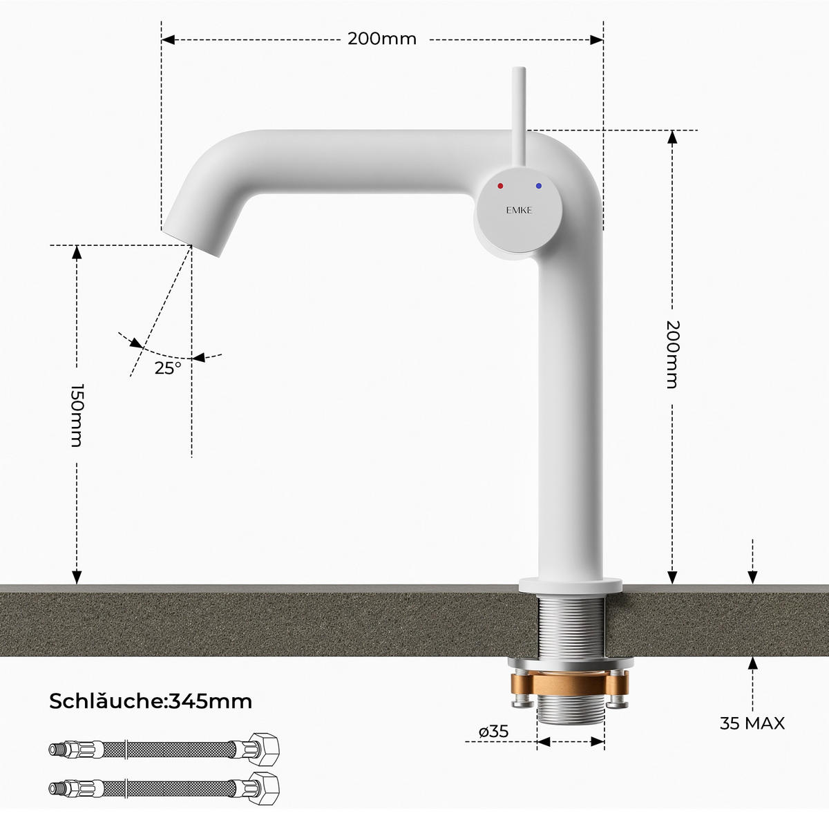 WASCHTISCHARMATUR Ventilkernzertifizierung Weiß Matt 15cm - Weiß, Metall (20/7.6/22.2cm) - EMKE