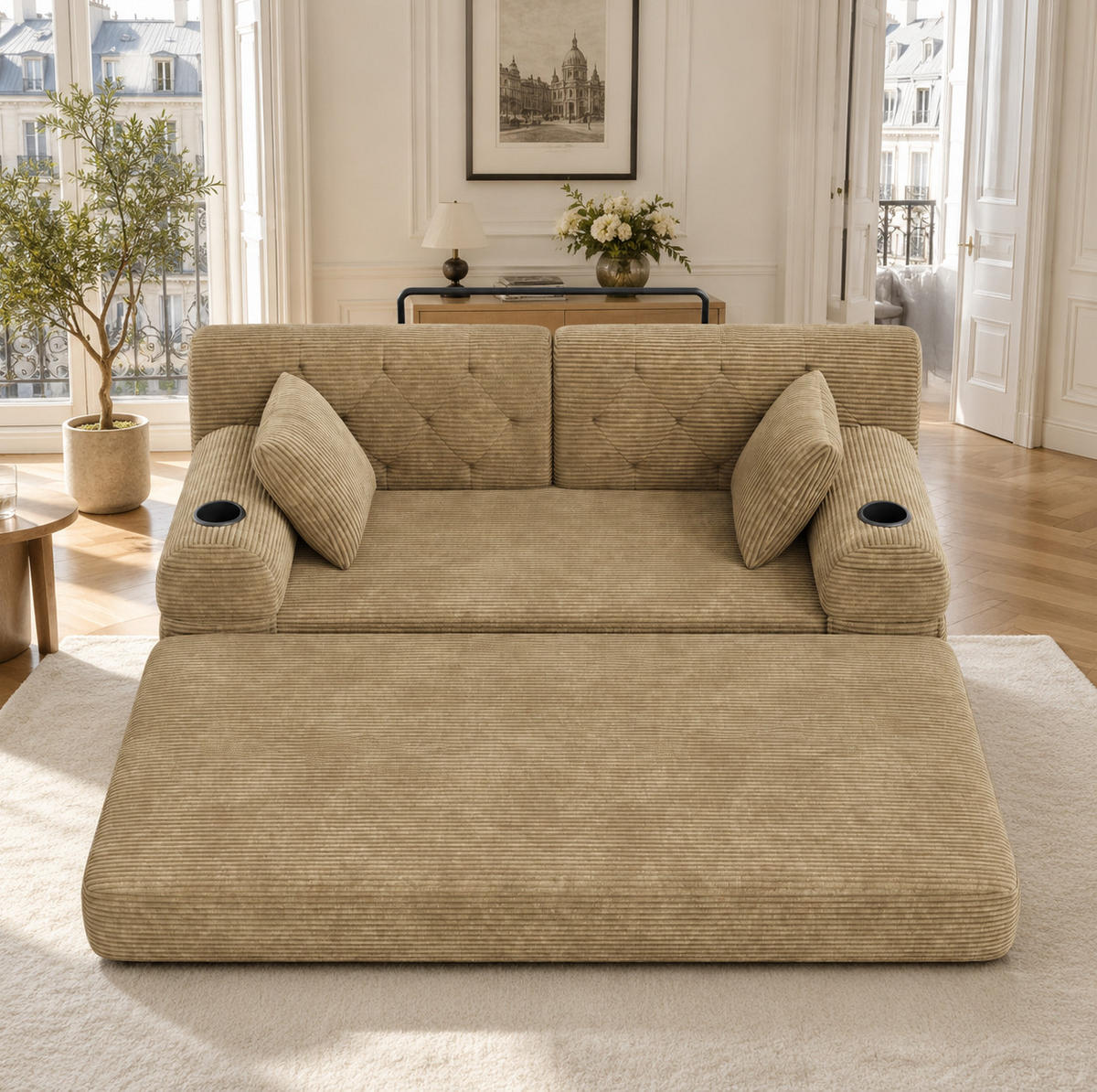 SCHLAFSOFA mit hoher Rückenlehne 168 x 80 x 81 cm Cord Khaki - Braun, Kunststoff (80/81/168cm) - Meubliv
