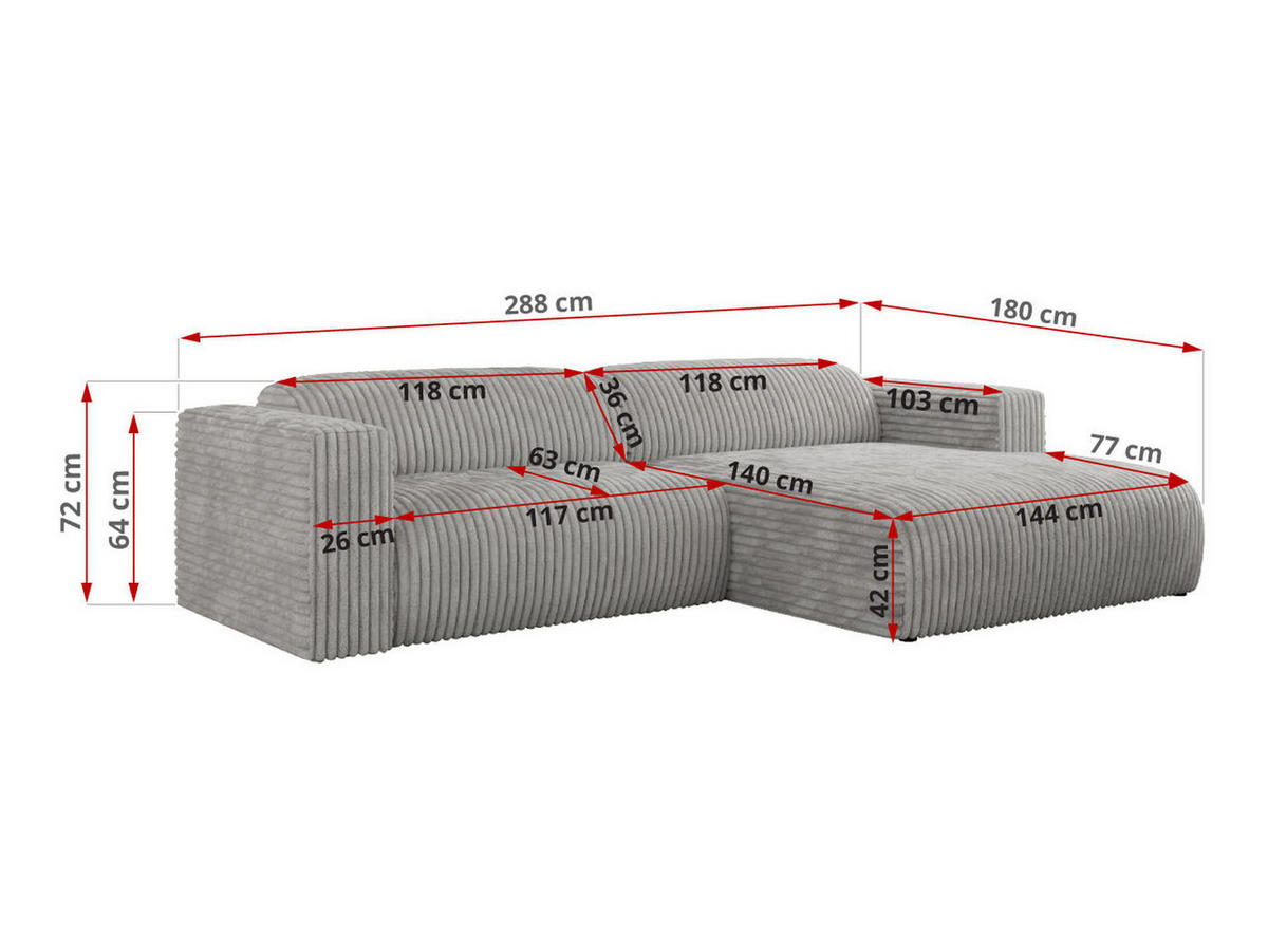 ECKSOFA PASADENA Hellgrau Cord - Rechts Seite - Hellgrau/Schwarz, Kunststoff/Textil (180/288cm) - MKS