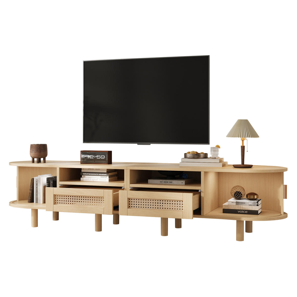 TV-BOARD aus MDF 170x40x40 cm Helles Eichenholz mit 2 Schubladen, 2 Schiebetüren und ovaler Form - Naturfarben, Holzwerkstoff (170/40/40cm) - Modfu