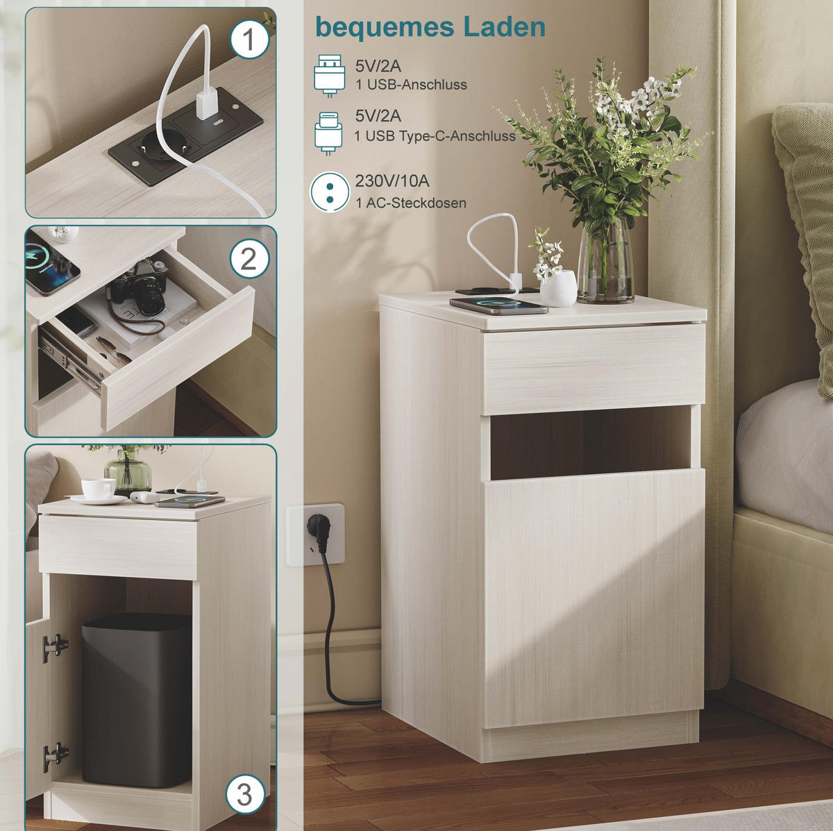 NACHTTISCH aus MDF 40x33x61,5 cm Weiß mit USB, USB-C, Steckdose, Schublade und Mülleimer - Weiß, Holzwerkstoff (33/61.5/40cm) - Modfu