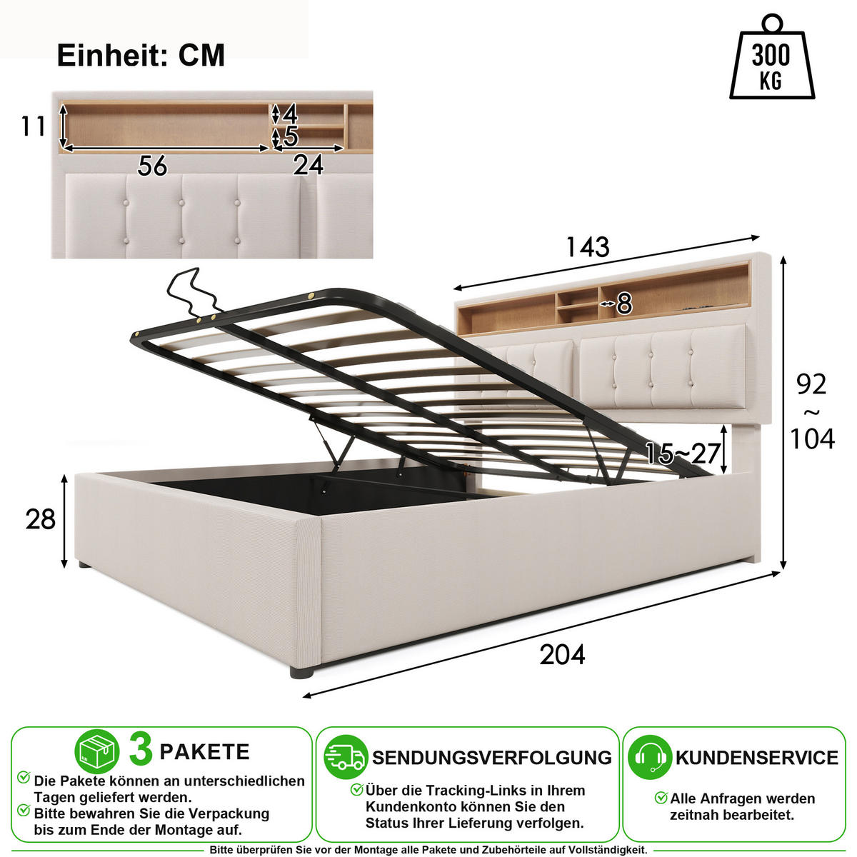 ČALOUNĚNÁ POSTEL 140/200 cm v béžové barvě s matrací, úložným prostorem a USB-C - béžová, kov/kompozitní dřevo (140/200cm) - CHICFURN