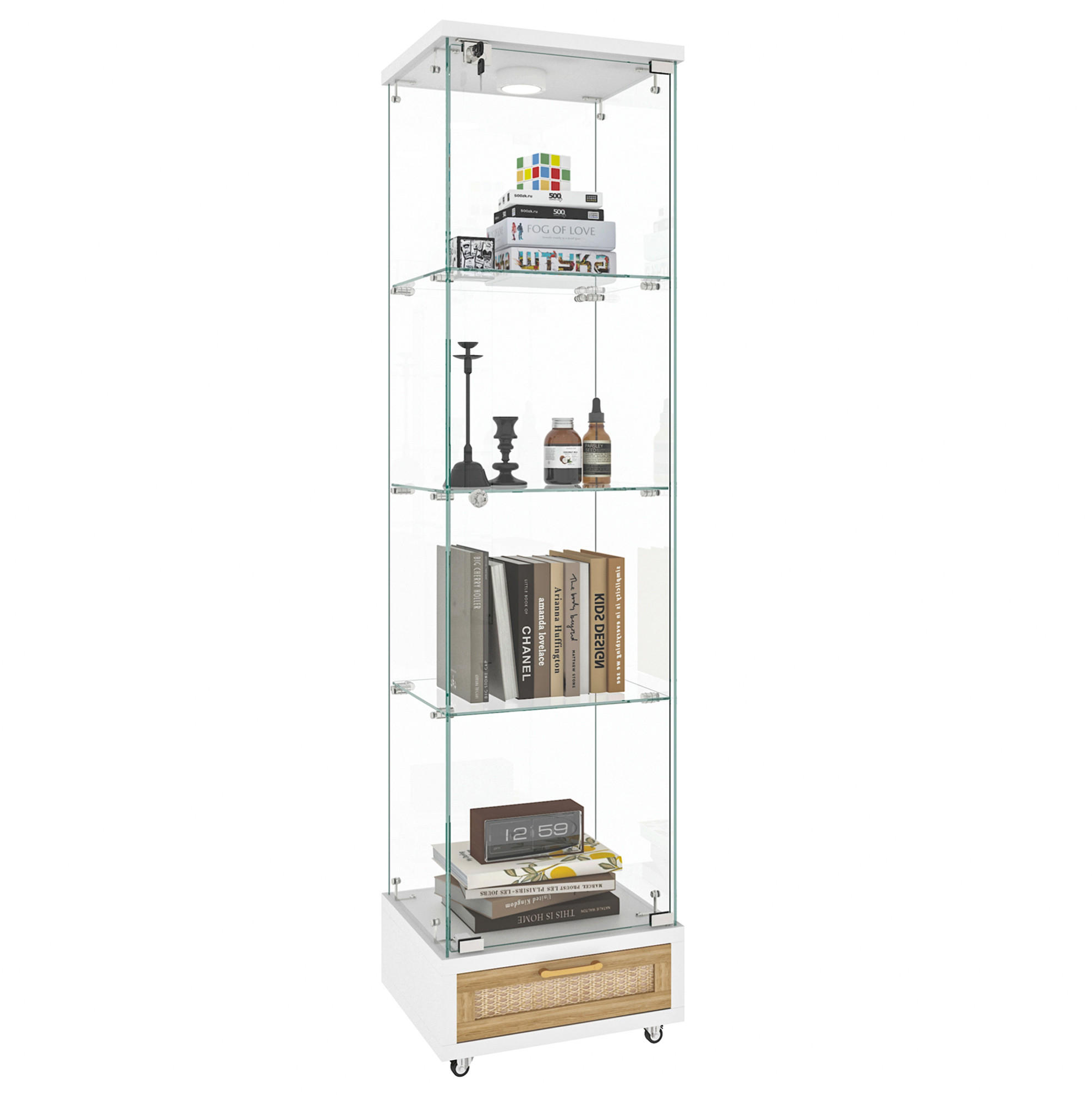 VITRINE 42,5/36,5/167 cm in Weiß mit LED-Beleuchtung und Schubladen - Weiß, Holzwerkstoff (42.5/167/36.5cm) - Flora Grace