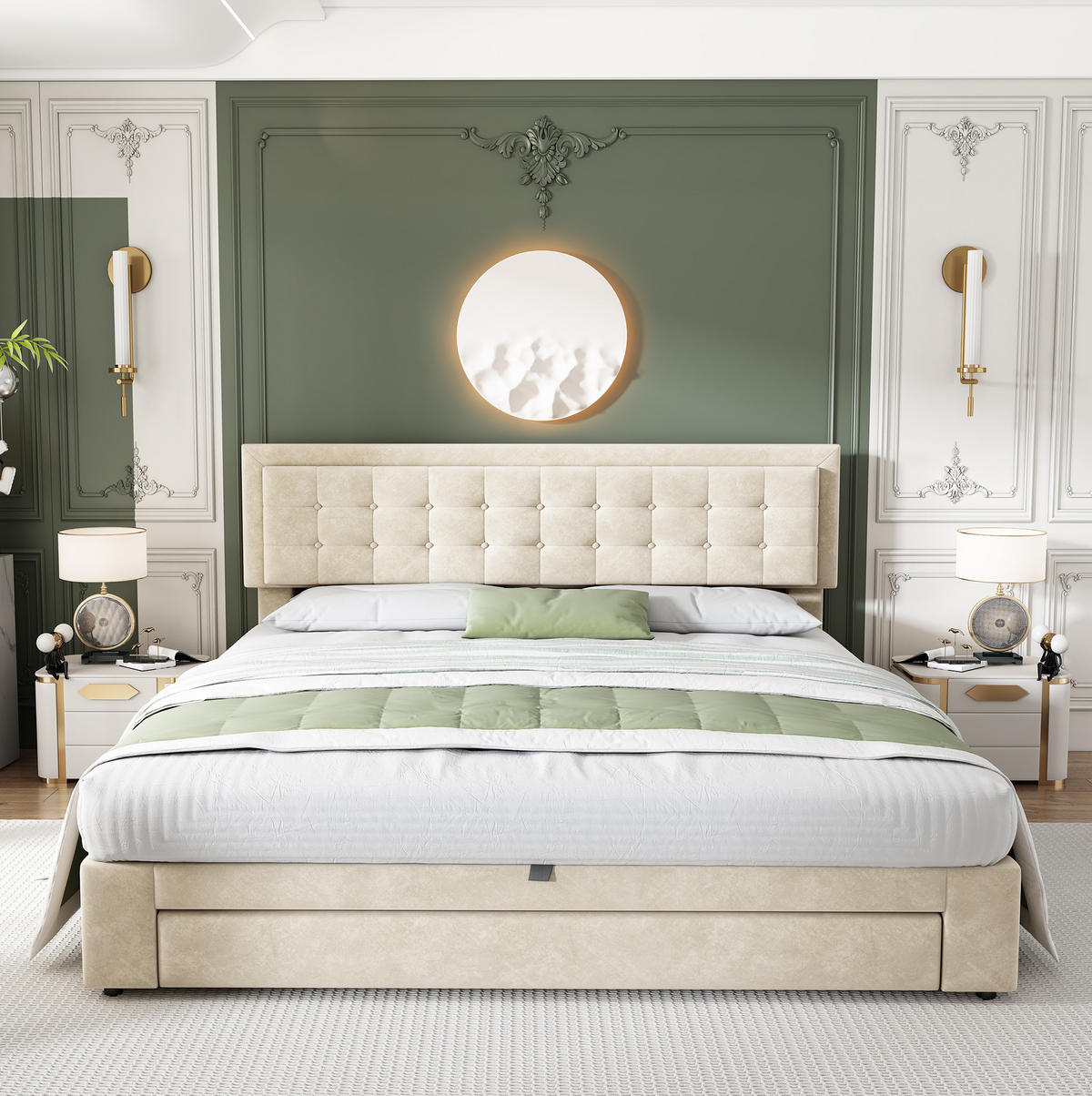 POLSTERBETT 160/200 cm aus Samt mit verstellbarem Kopfteil und Stauraum Beige - Beige, Textil (160/200cm) - Modenvie