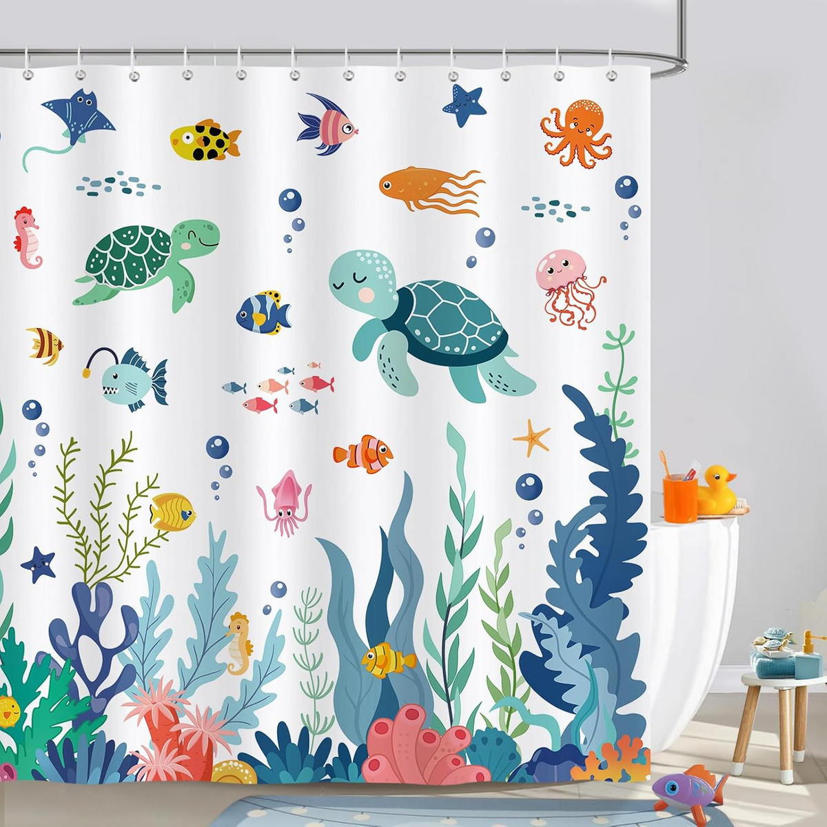 DUSCHVORHANG Ozean Tiere Polyester mit Haken Badezimmer - Blau, Textil (180/180cm) - MCBOSON