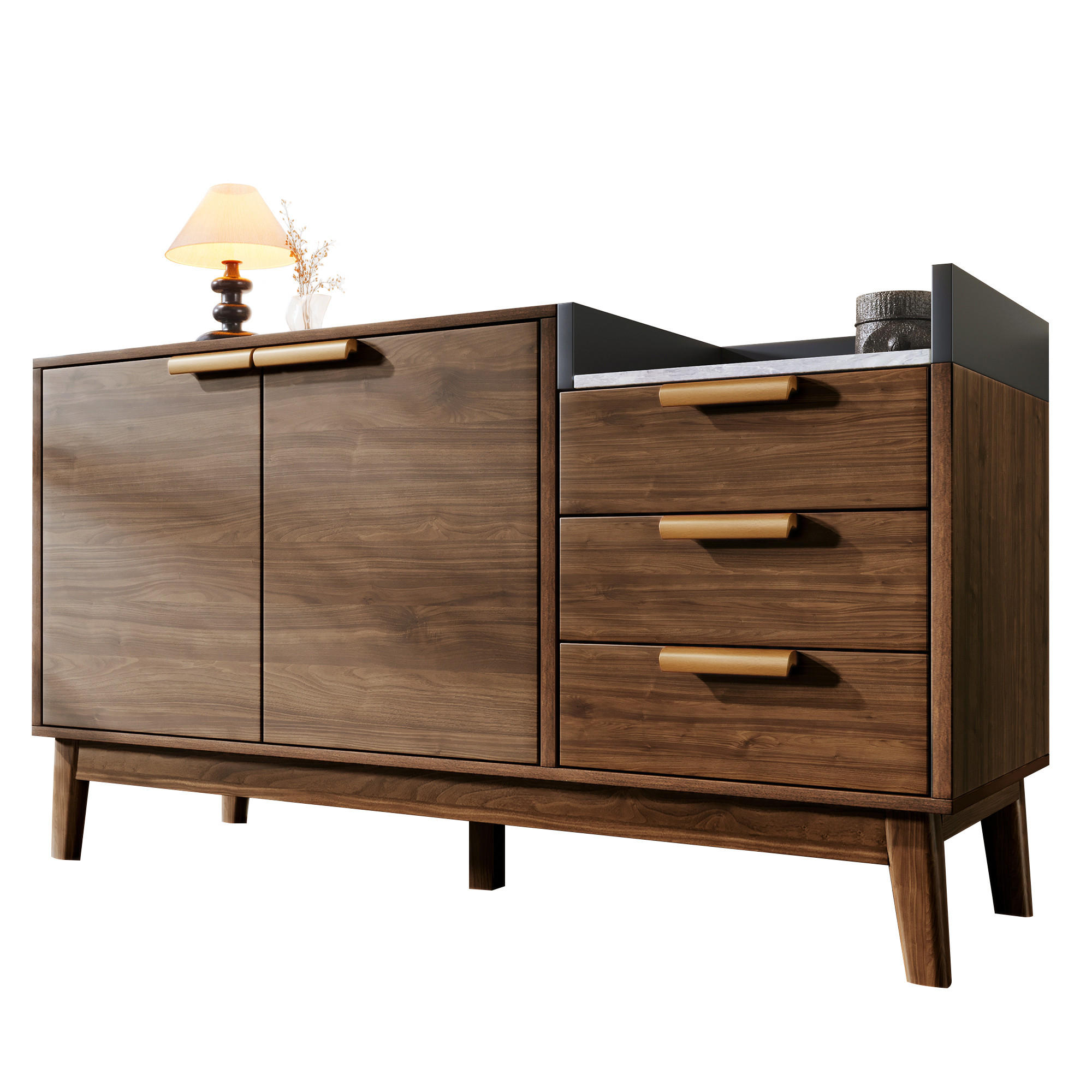 SIDEBOARD aus Holz und Metall 120x40x77 cm Dunkle Eiche mit 3 Schubladen, Doppeltürschrank und offener Ablage - Eichefarben, Holzwerkstoff (120/77/40cm) - Modfu