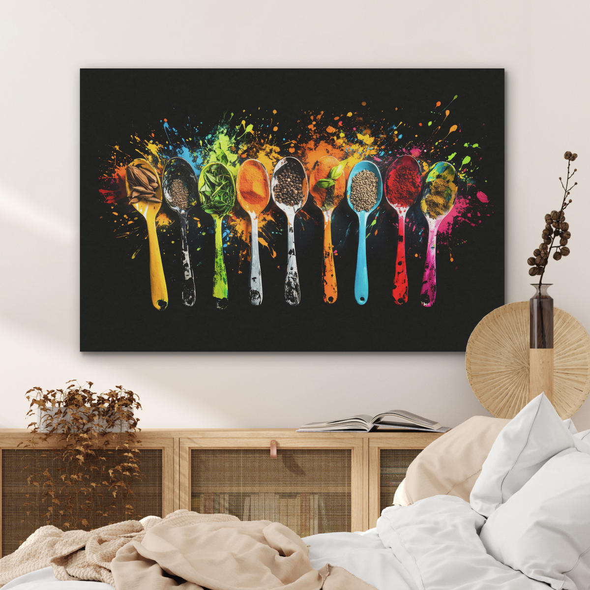 AKUSTIKBILD Löffel - Gewürze - Modern - Graffiti - Farbe - Farbenfroh Wandbild Wohnzimmer 100x70 cm - Multicolor, Textil (100/70/0.9cm) - MuchoWow
