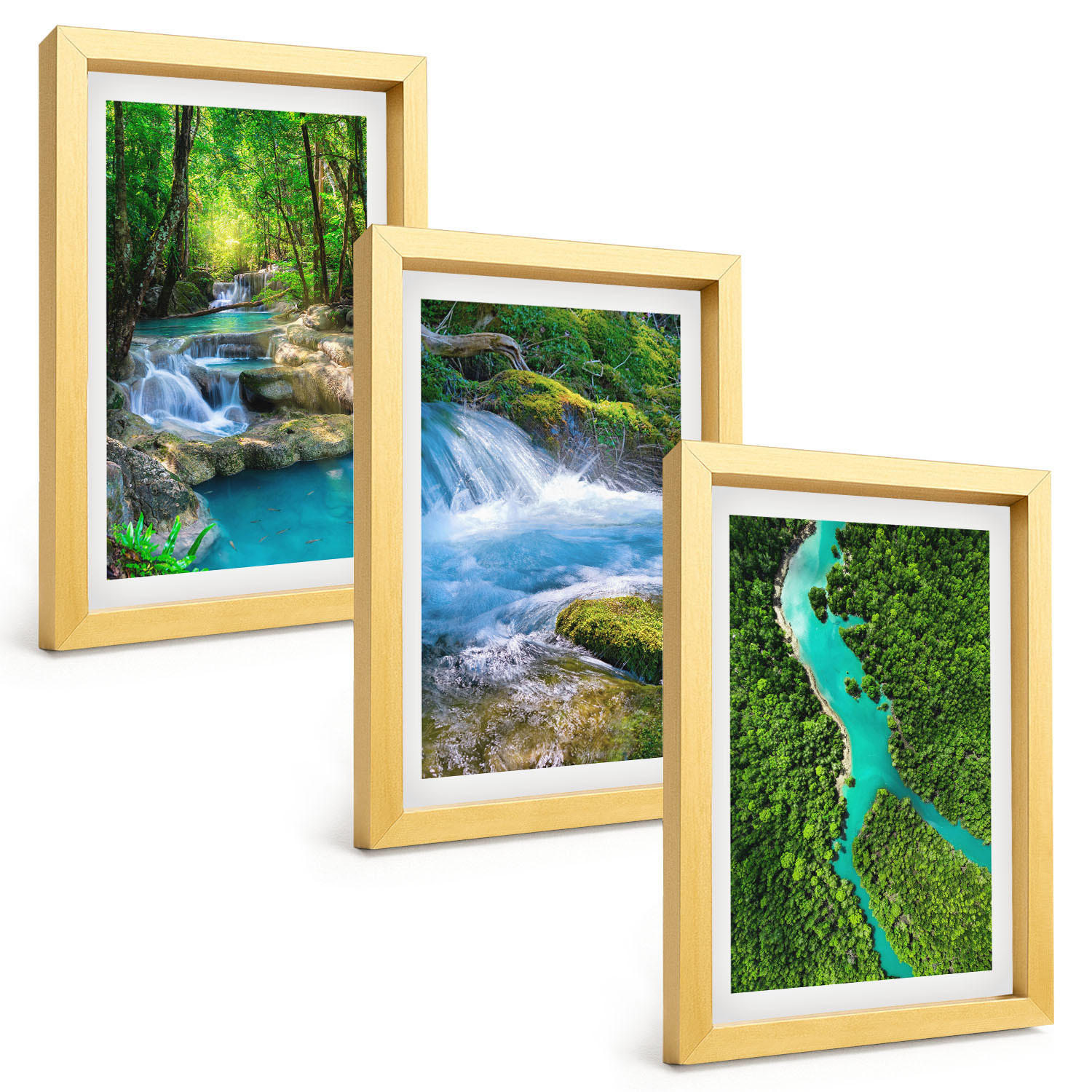 BILDER SET 3er Set - 20x30 cm Goldrahmen - Grüne Wälder, kristallklares Wasser - Goldfarben, Kunststoff (20/30cm) - TULUP