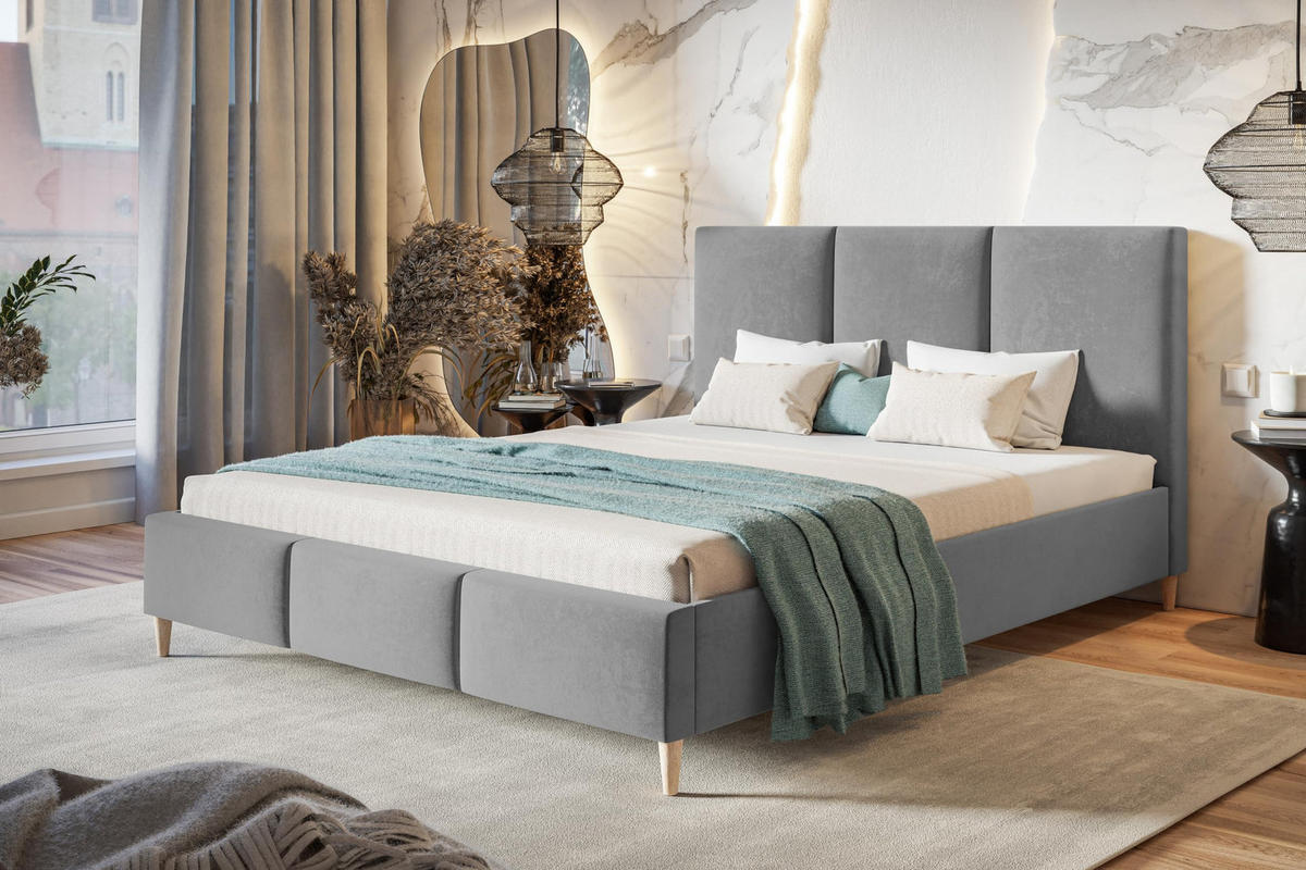 POLSTERBETT LUX Siena mit Kopfteil, 180 x 200 cm, Doppelbett mit Lattenrost aus Holz, Velourstoff Grau, Füße in Farbe: Braun - Grau, Holz/Textil (180/200cm) - Alpi-Möbel