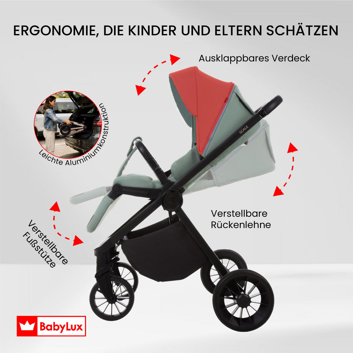 BUGGY Scale, Klein und Leicht, Teleskopische Führung, Kompakt Faltbar, Wickeltasche, Reisetasche - Schwarz/Rosa, Textil/Metall (58/100cm) - BabyLux