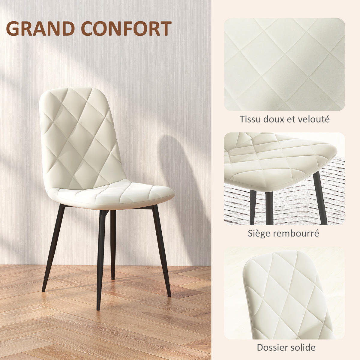ESSZIMMERSTÜHLE 4er-Set DE-13273 hohe Rückenlehne & Veloursbezug Creme - Creme, Metall (54/87/45cm) - ComfortXL
