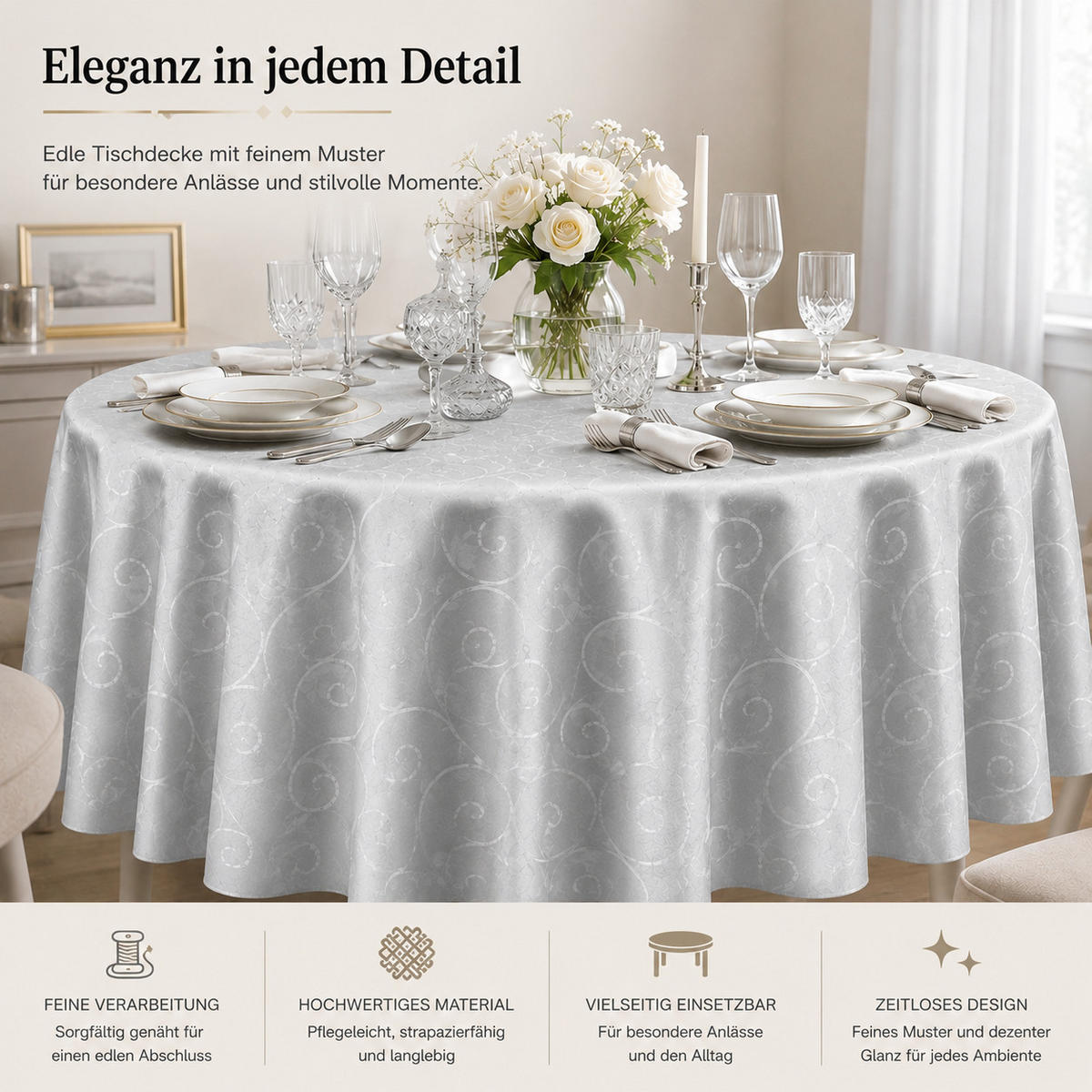 TISCHDECKE 135 cm rund Ornamente Silber - Silberfarben, Textil (135cm) - TiborTex