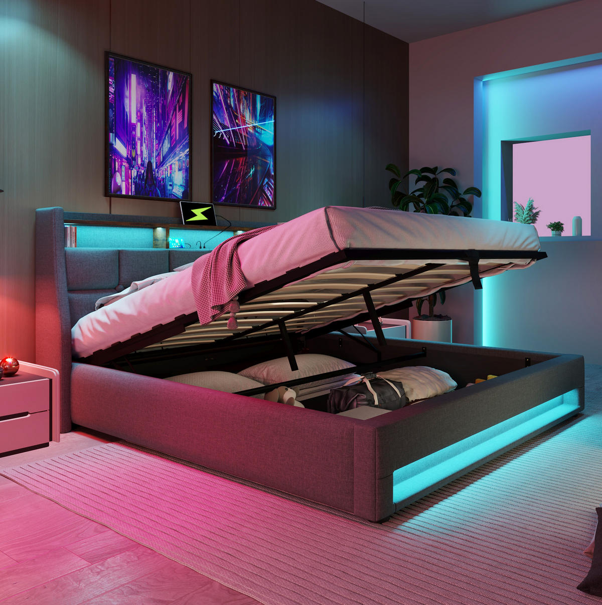 ČALOUNĚNÁ postel 160/200 cm šedá, lněný vzhled, s LED, USB a úložným prostorem - šedá, textil (160/200cm) - BEAOK