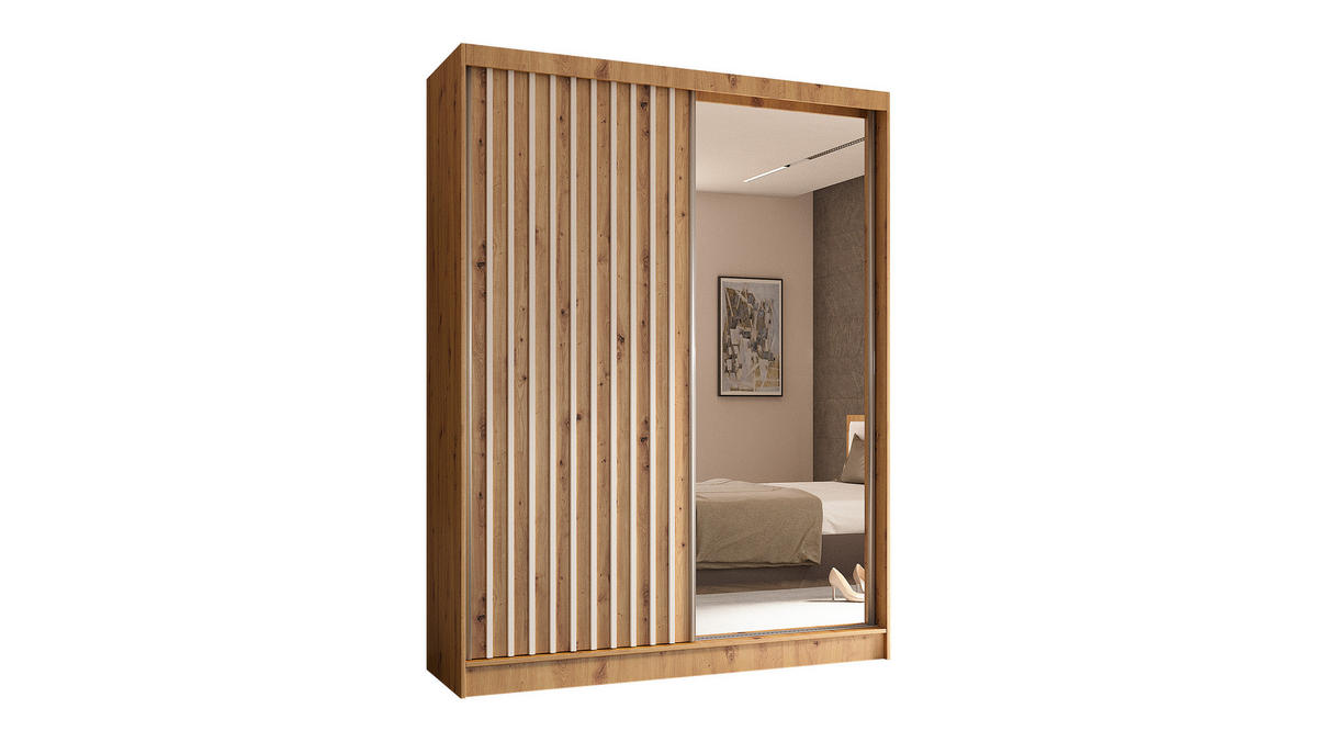 KLEIDERSCHRANK mit Spiegel-Schiebetüren und Aluminium-Leisten, LED-Beleuchtung - LAMELO - 160 cm Artisan+Artisan+Weiß - Eiche Artisan/Weiß, Holzwerkstoff (160/216/61cm) - ALTDECOR