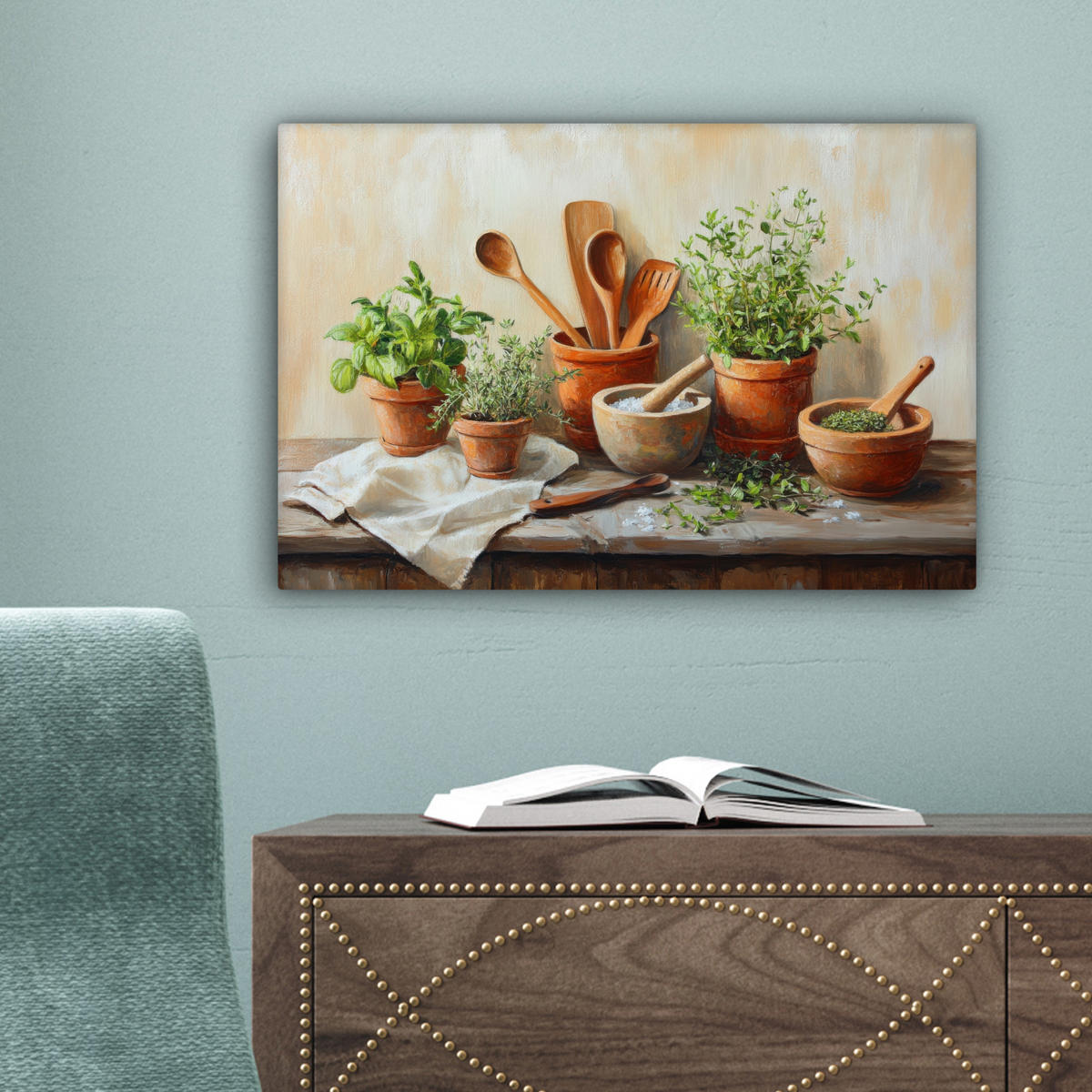 LEINWANDBILD Töpfe - Kräuter - Holz Deko Schlafzimmer 30x20 cm - Terracotta, Textil (30/20cm) - MuchoWow