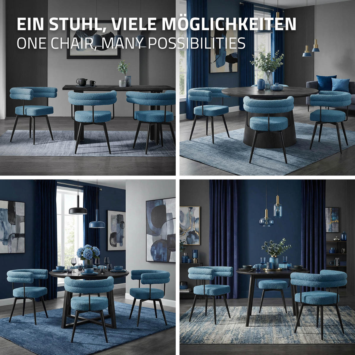 OTÁČIVÉ JÍDELNÍ ŽIDLE, sada 4 ks, modrá látka Teddy - modrá/černá, kov/textil (63/75/55cm) - ML-DESIGN