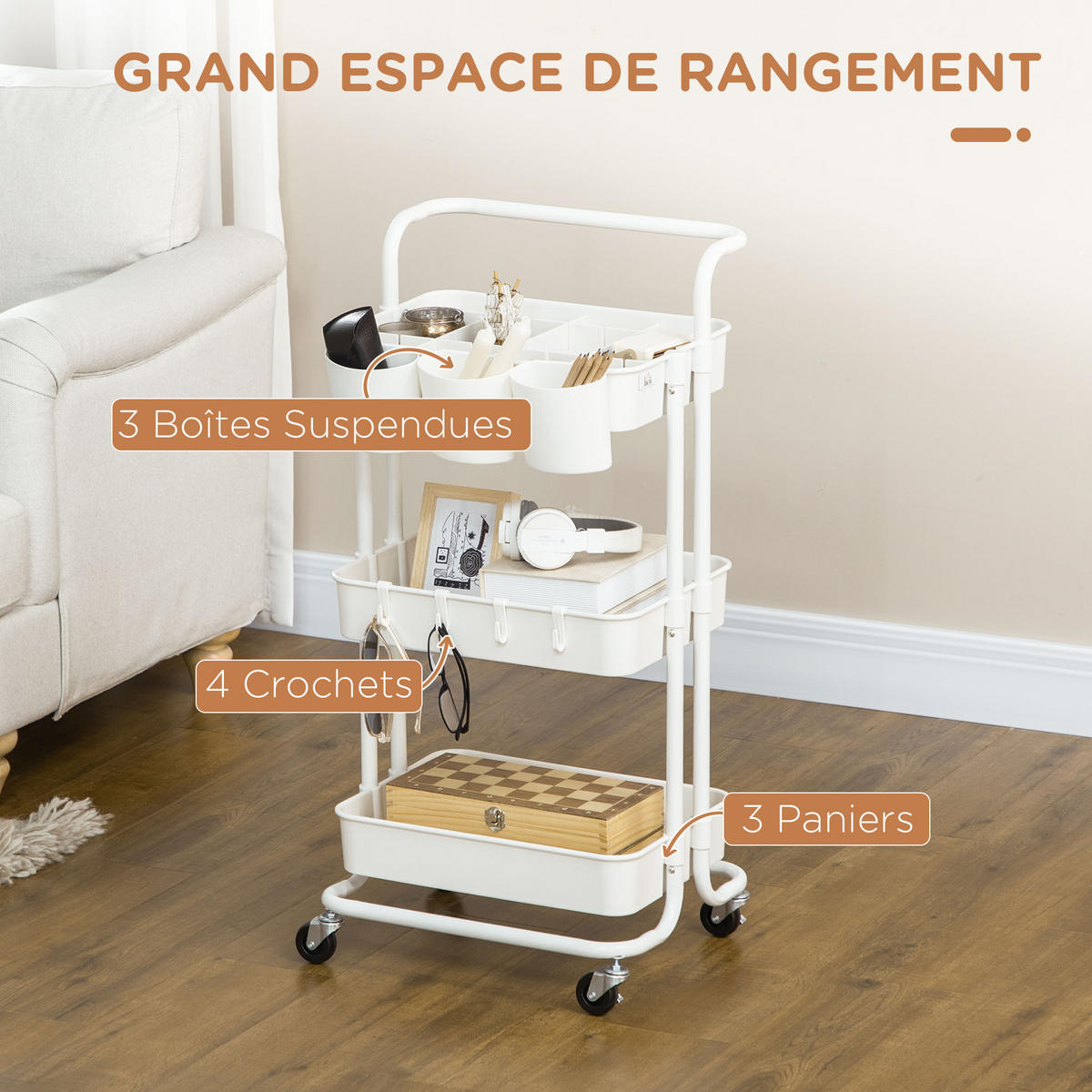 SERVIERWAGEN DE-12366 3 Ebenen mit Haken & Hängeboxen Weiß - Weiß, Kunststoff (38/86.5/42cm) - ComfortXL