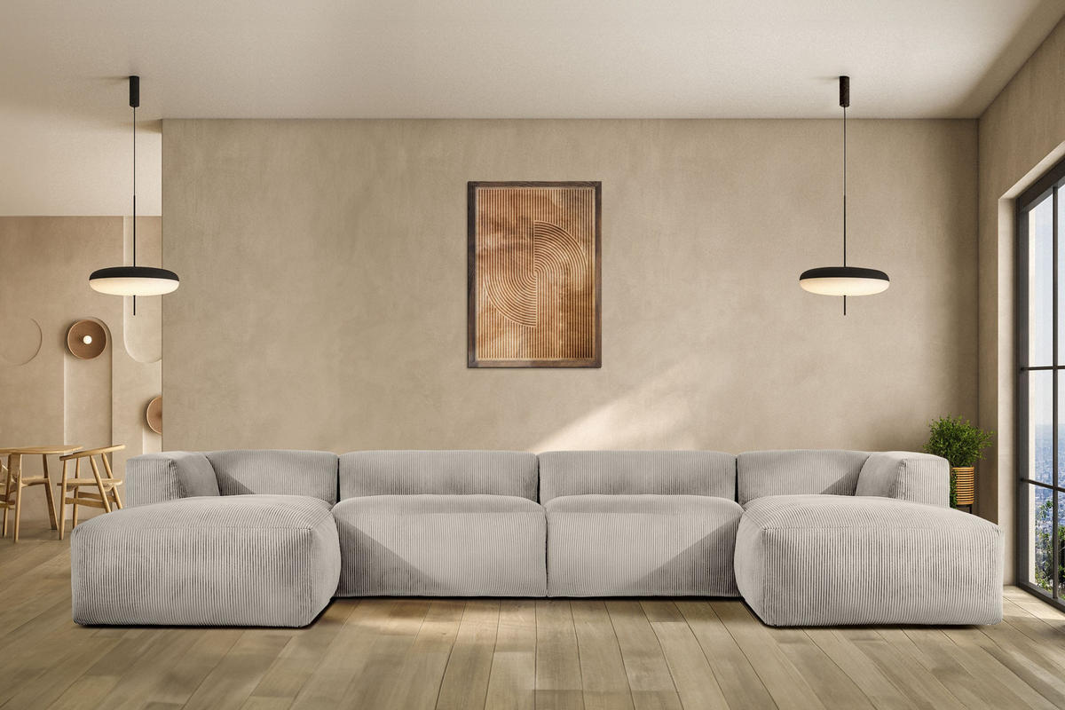 PANORAMA-ECKSOFA BUFFO 7/8 Sitzer mit extrem weicher Sitzfläche, Kordstoff, cremefarben - Creme, Textil (424/73/180cm) - KONSIMO®