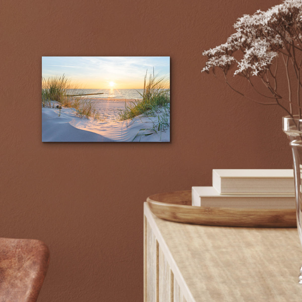 KOVOVÝ OBRAZ Pláž - Slnko - Duny - Tráva - Piesok - Horizont 30x20 cm - svetlomodrá, kov (30/20cm) - MuchoWow