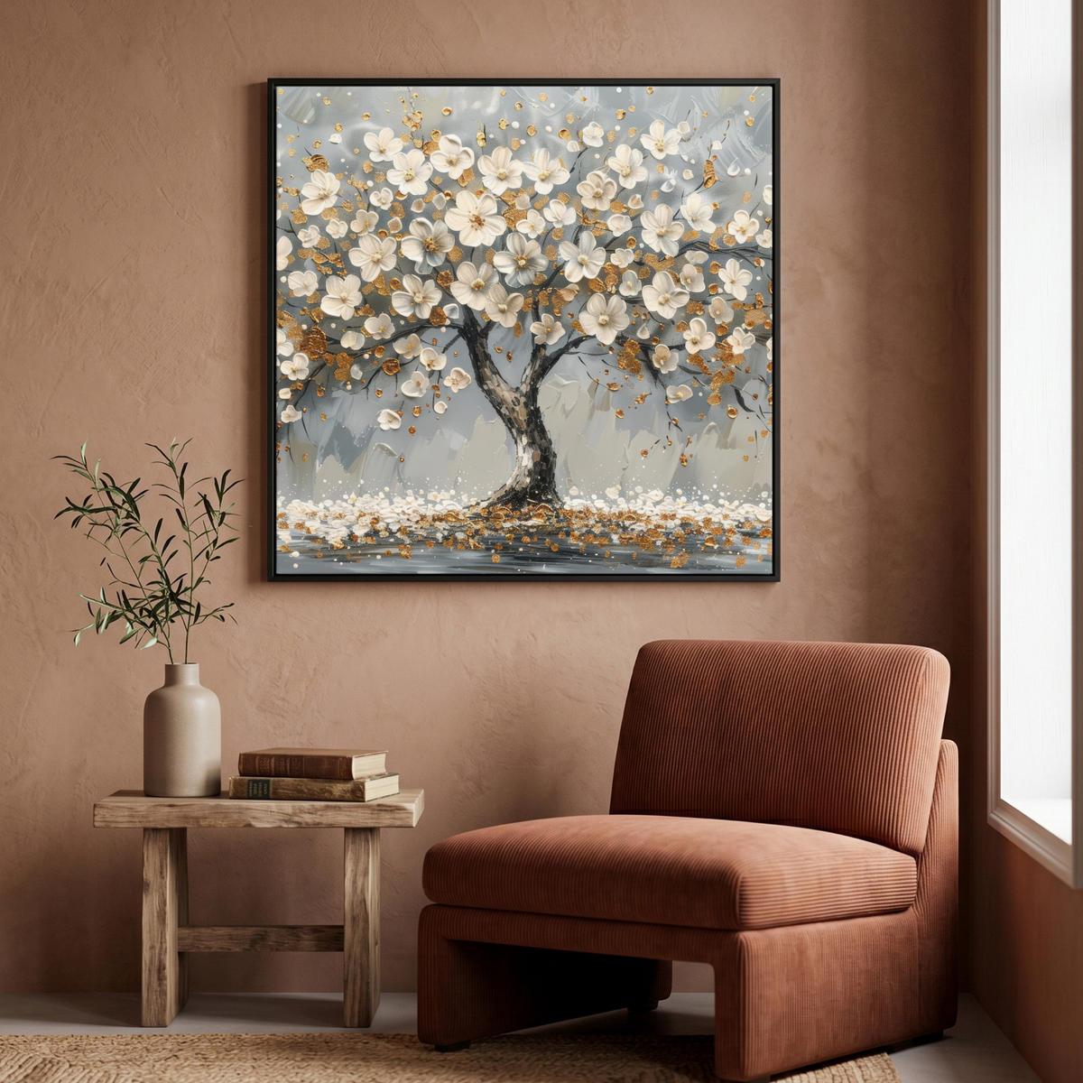 LEINWAND Bilder mit Rahmen - Baum - Blumen - Weiß - Natur - Kunst - 90x90 - Weiß, Textil (90/90cm) - MuchoWow
