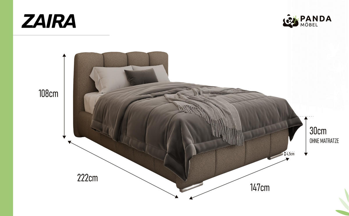 POLSTERBETT ZAIRA 120 x 200 cm mit Bettkasten und Lattenrost, 7-Zonen-Taschenfederkernmatratratze CIRA (24 cm) – Braun - Braun, Holz (90/200cm) - Panda Möbel