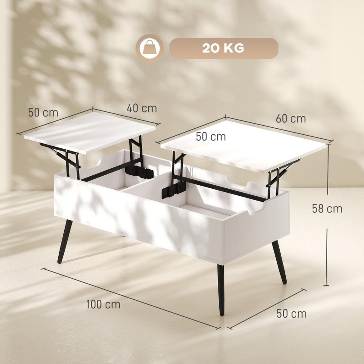 COUCHTISCH DE-37207 Lift-Top mit 2 Klappdeckeln Weiß/Schwarz - Weiß, Holzwerkstoff (100/50/58cm) - ComfortXL