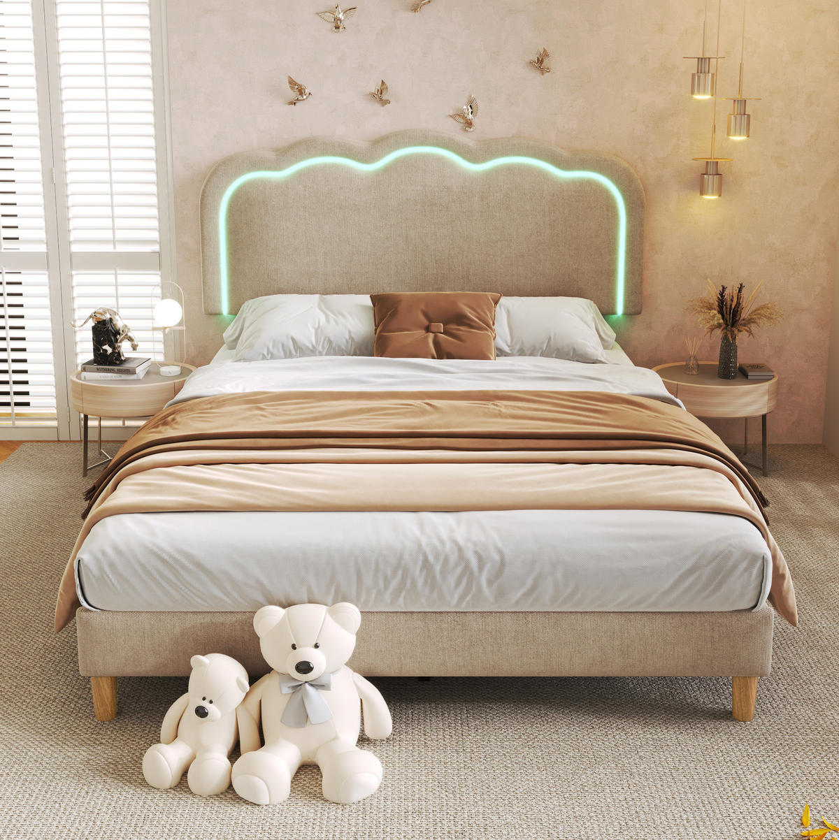 POLSTERBETT 140/200 cm aus Leinen mit LED-Kopfteil Beige - Beige, Textil (140/200cm) - Modenvie